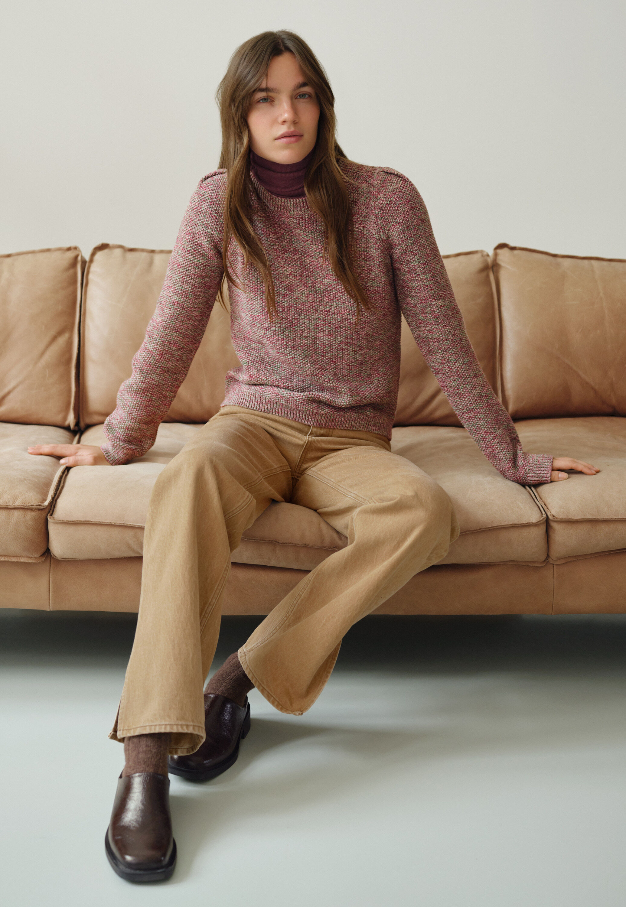 Ribbed roll-neck top, Wine, large