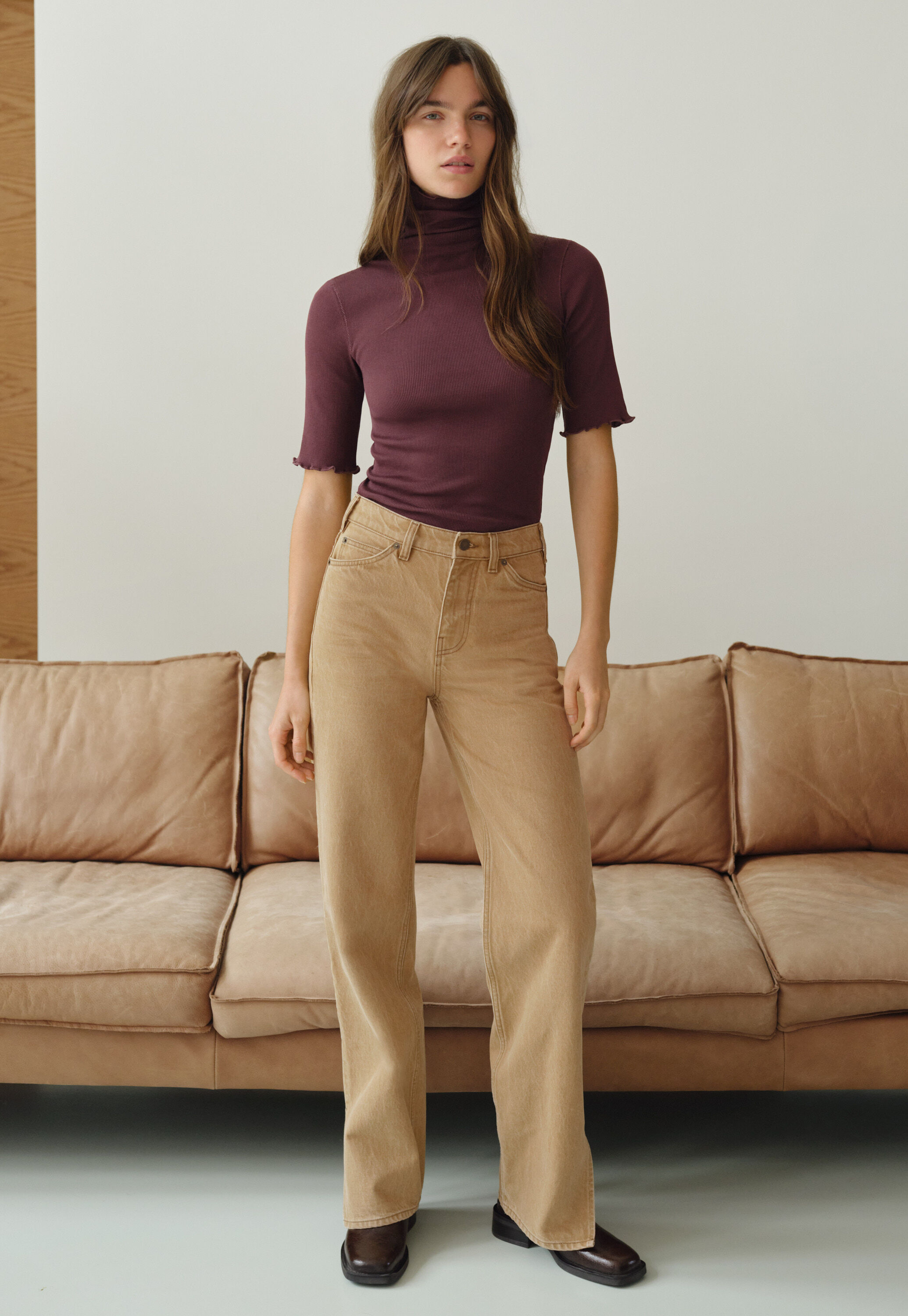 Ribbed roll-neck top, Wine, large