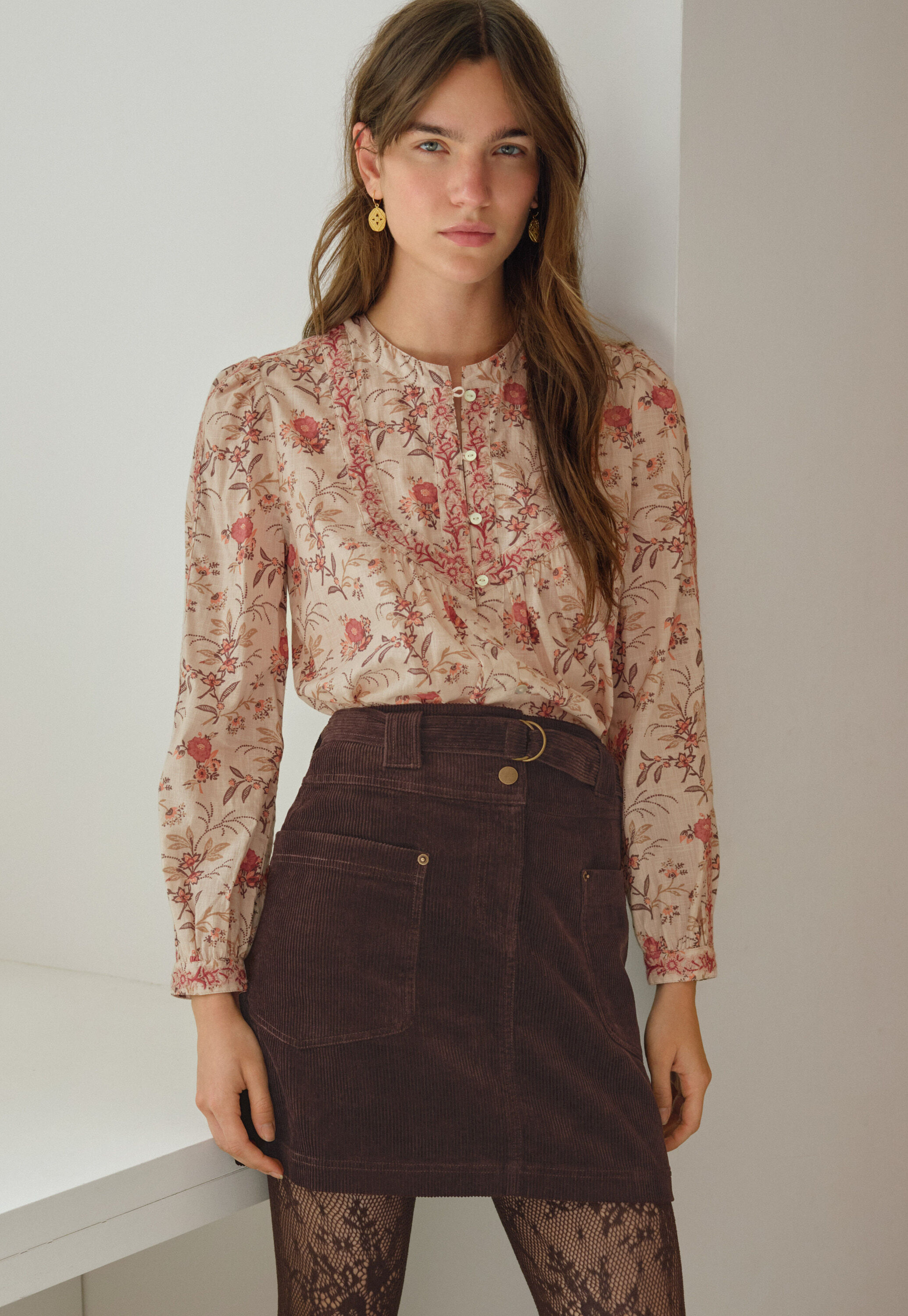 Embroidered printed blouse, Blush rose, large