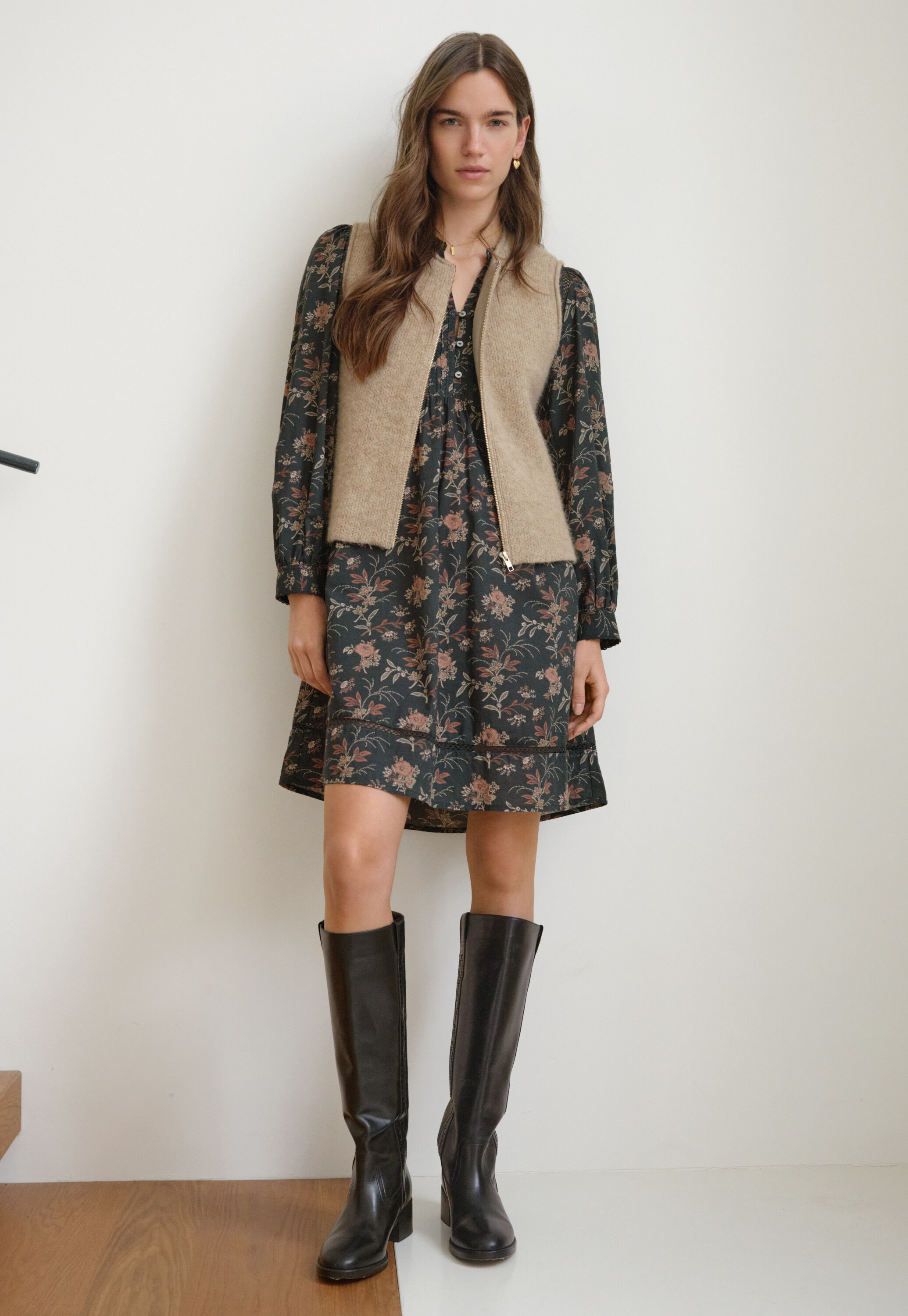 Lace-insert printed dress, Charcoal, large