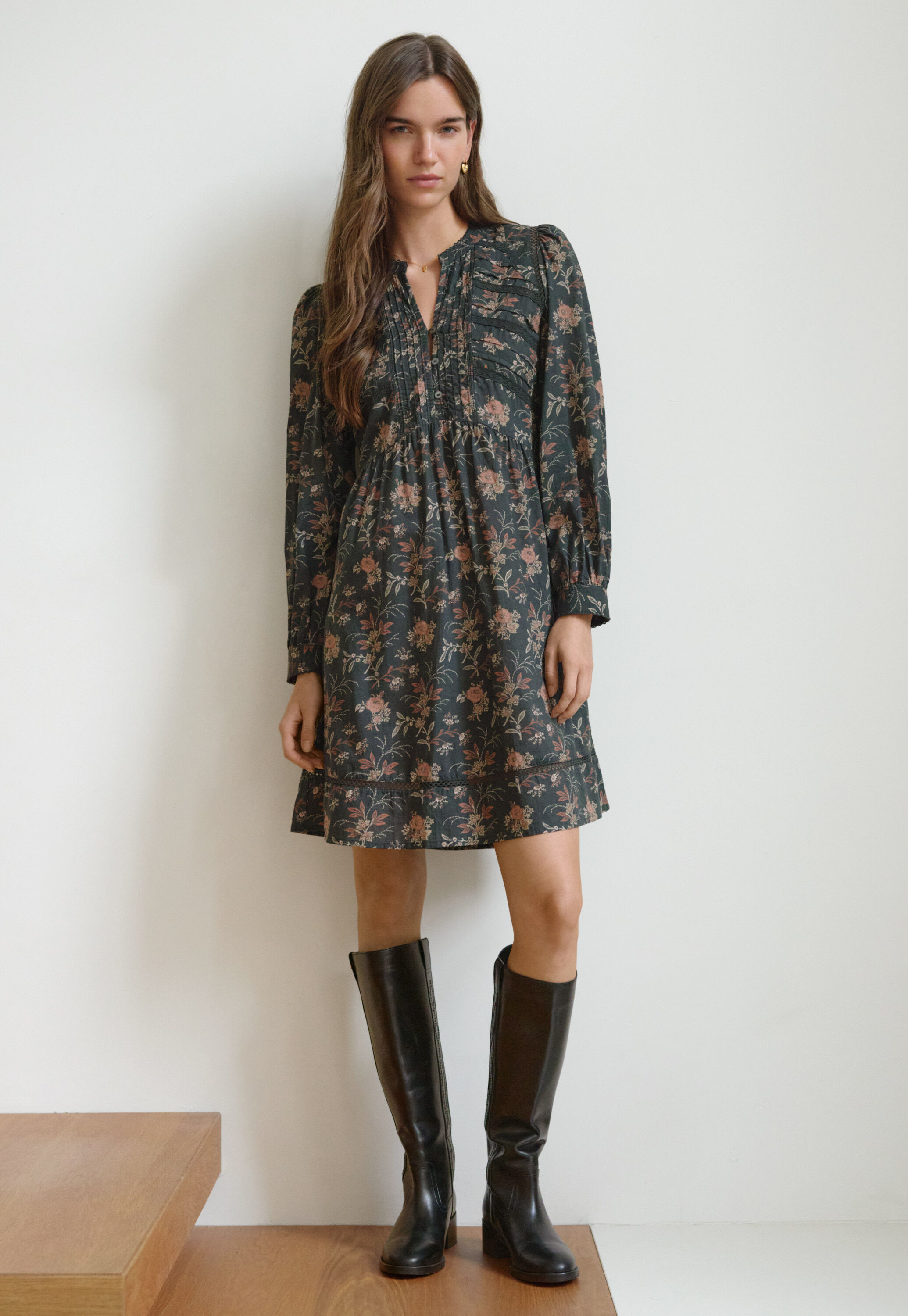 Lace-insert printed dress, Charcoal, large