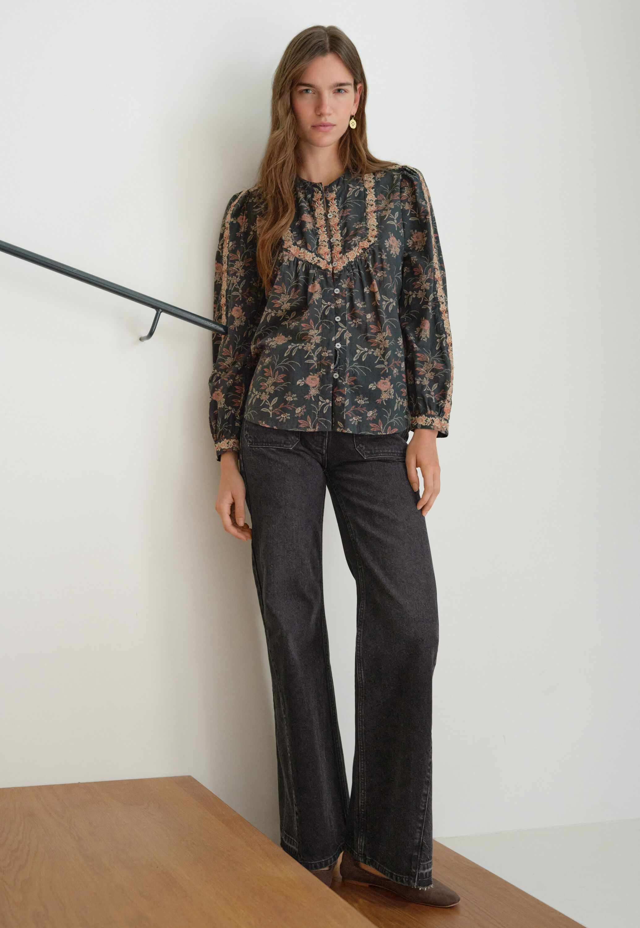 Embroidered printed blouse, Charcoal, large