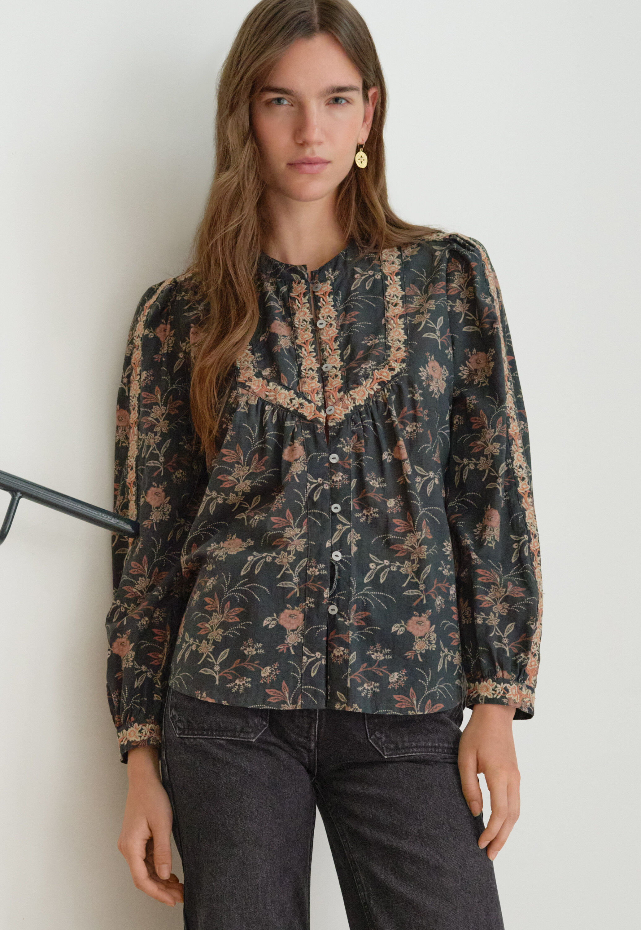 Embroidered printed blouse
