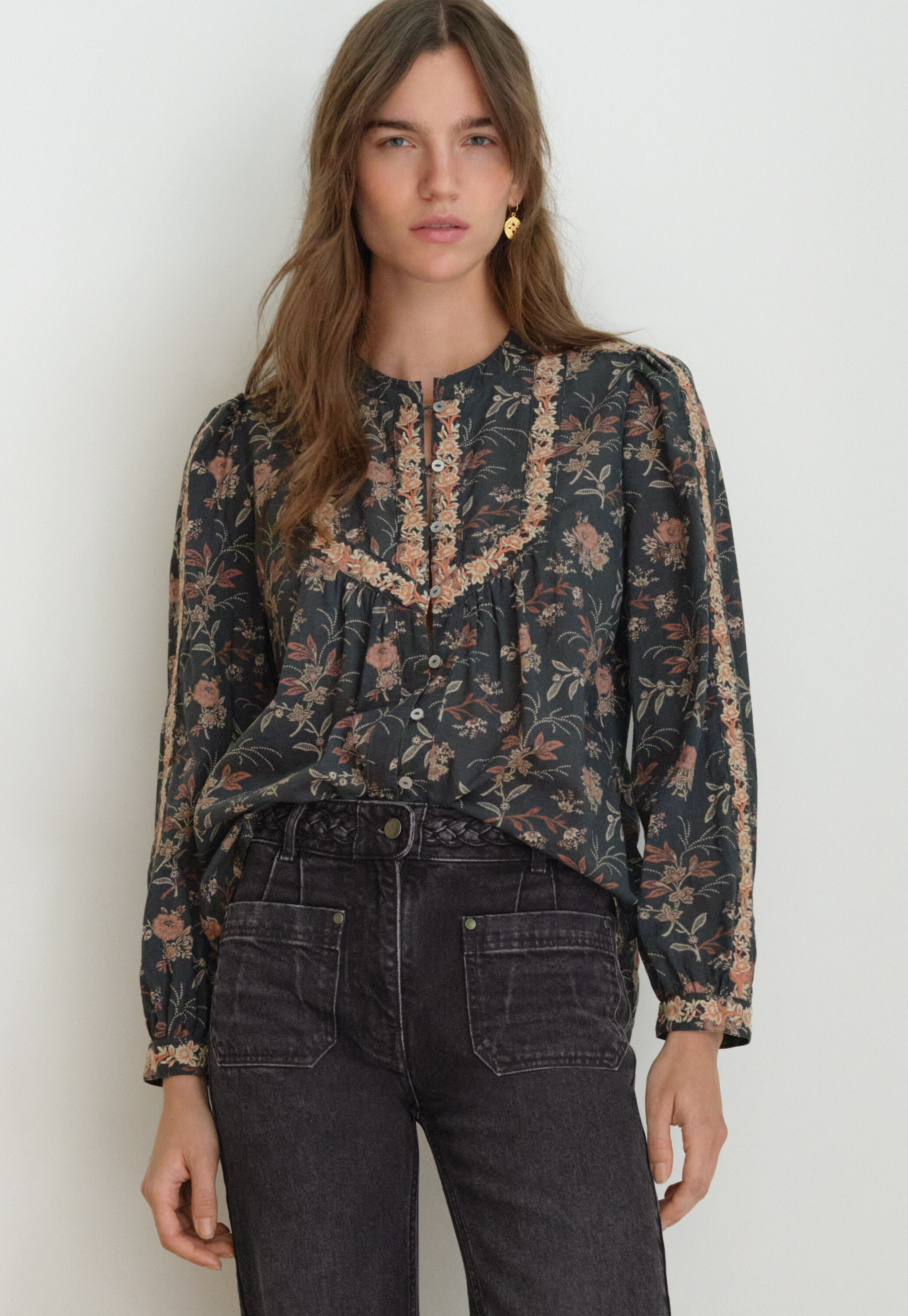 Embroidered printed blouse, Charcoal, large