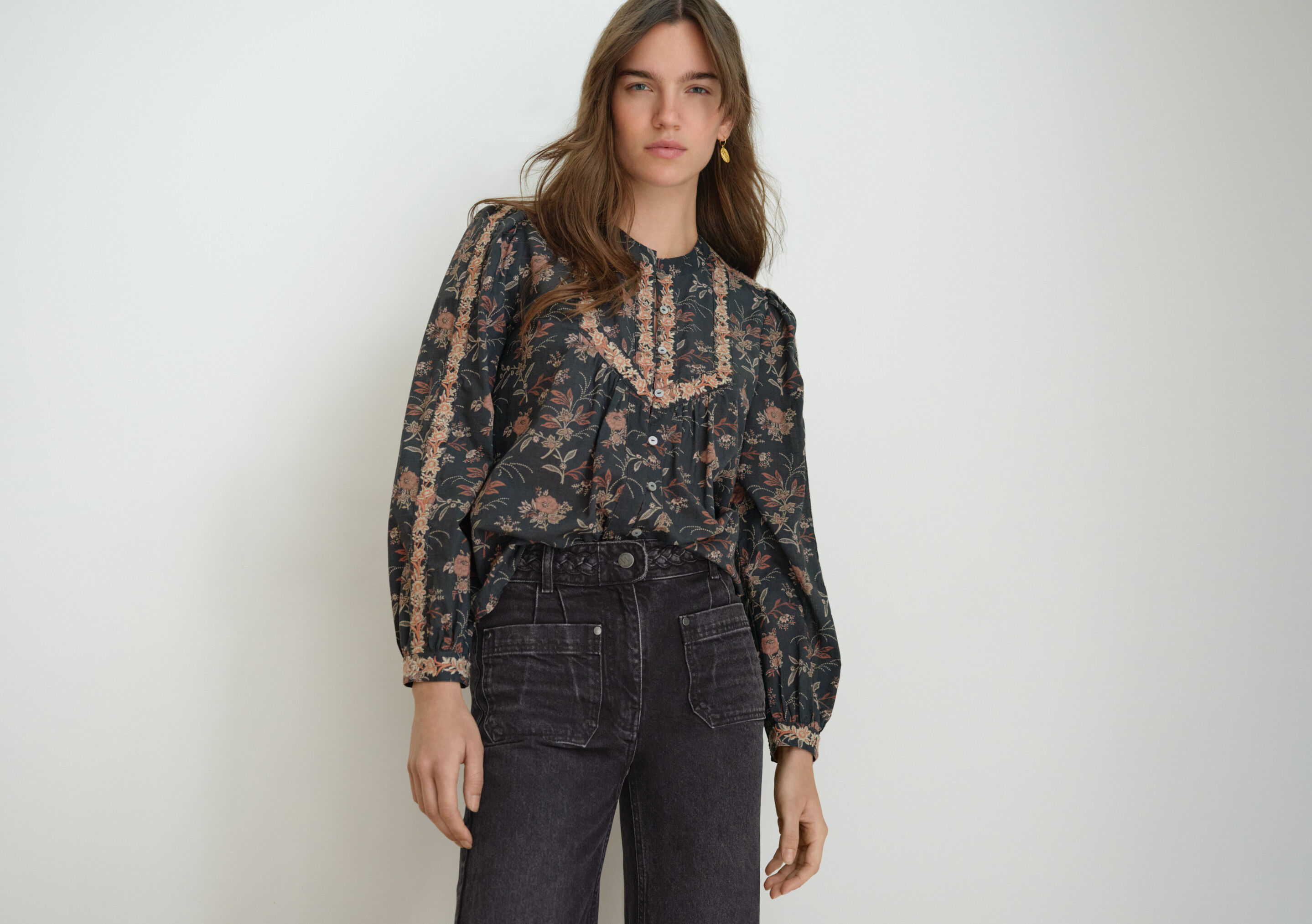 Embroidered printed blouse
