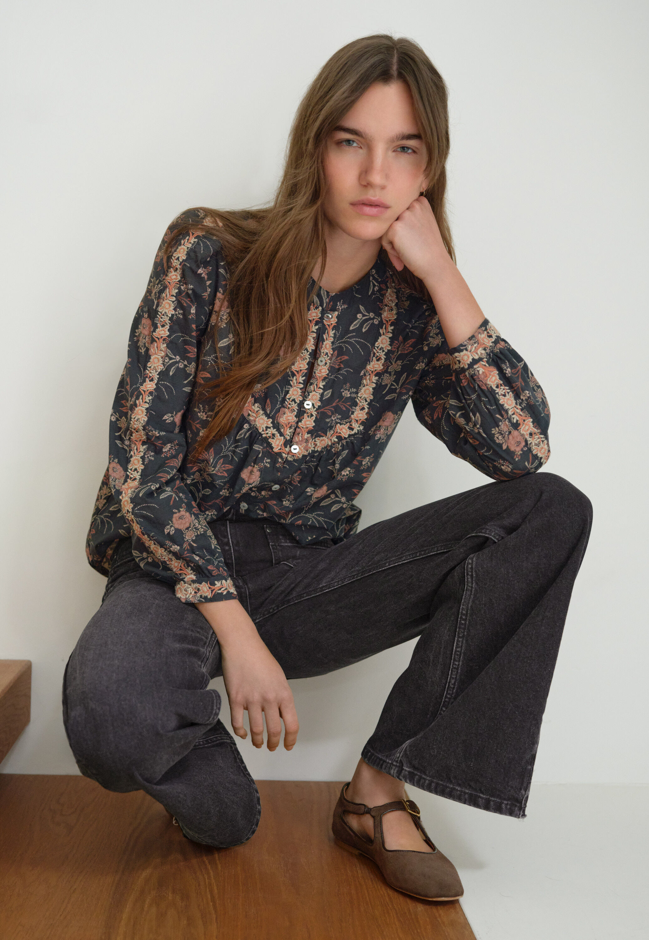 Embroidered printed blouse, Charcoal, large