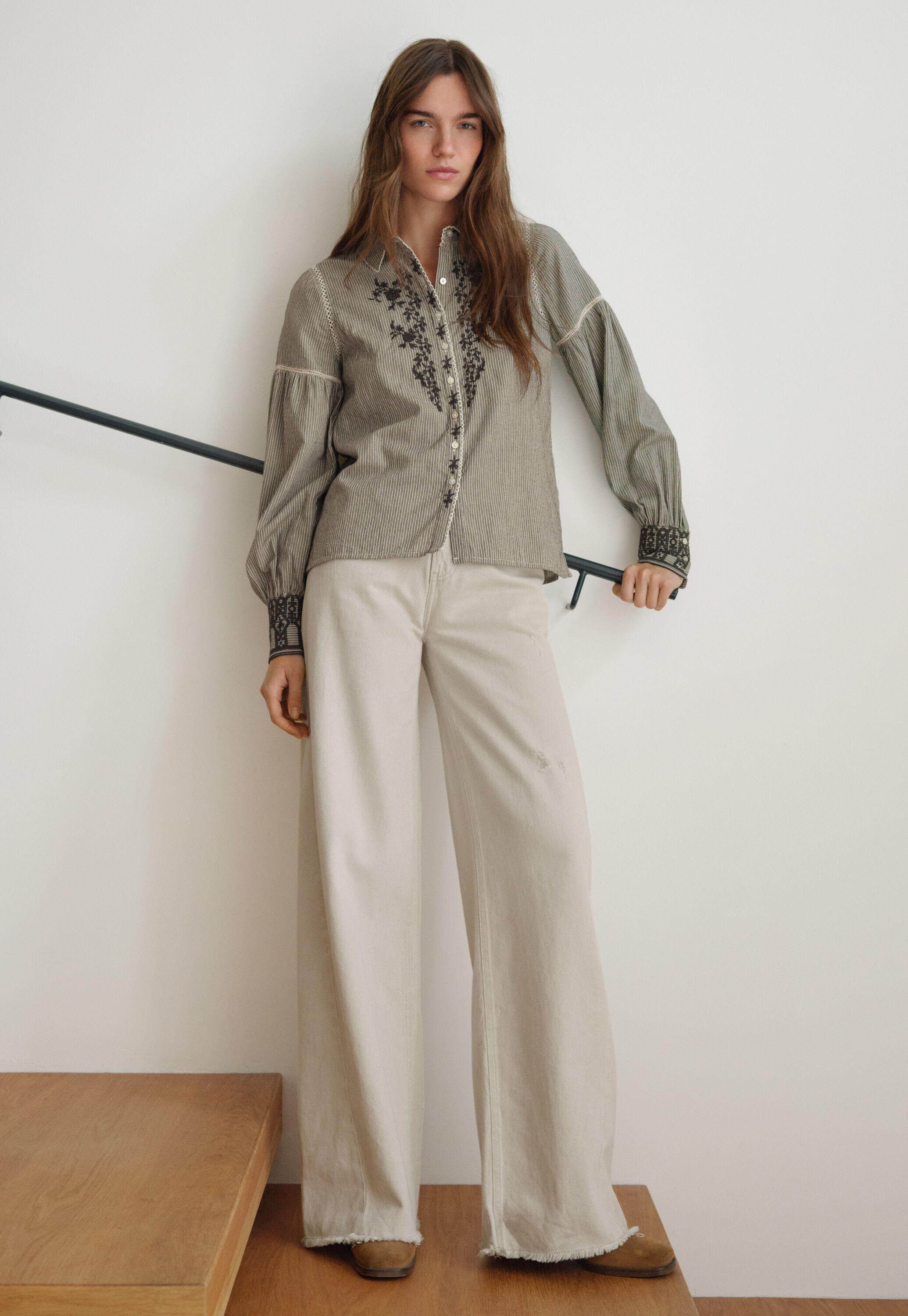 Embroidered self-stripe blouse, Charcoal ecru, large