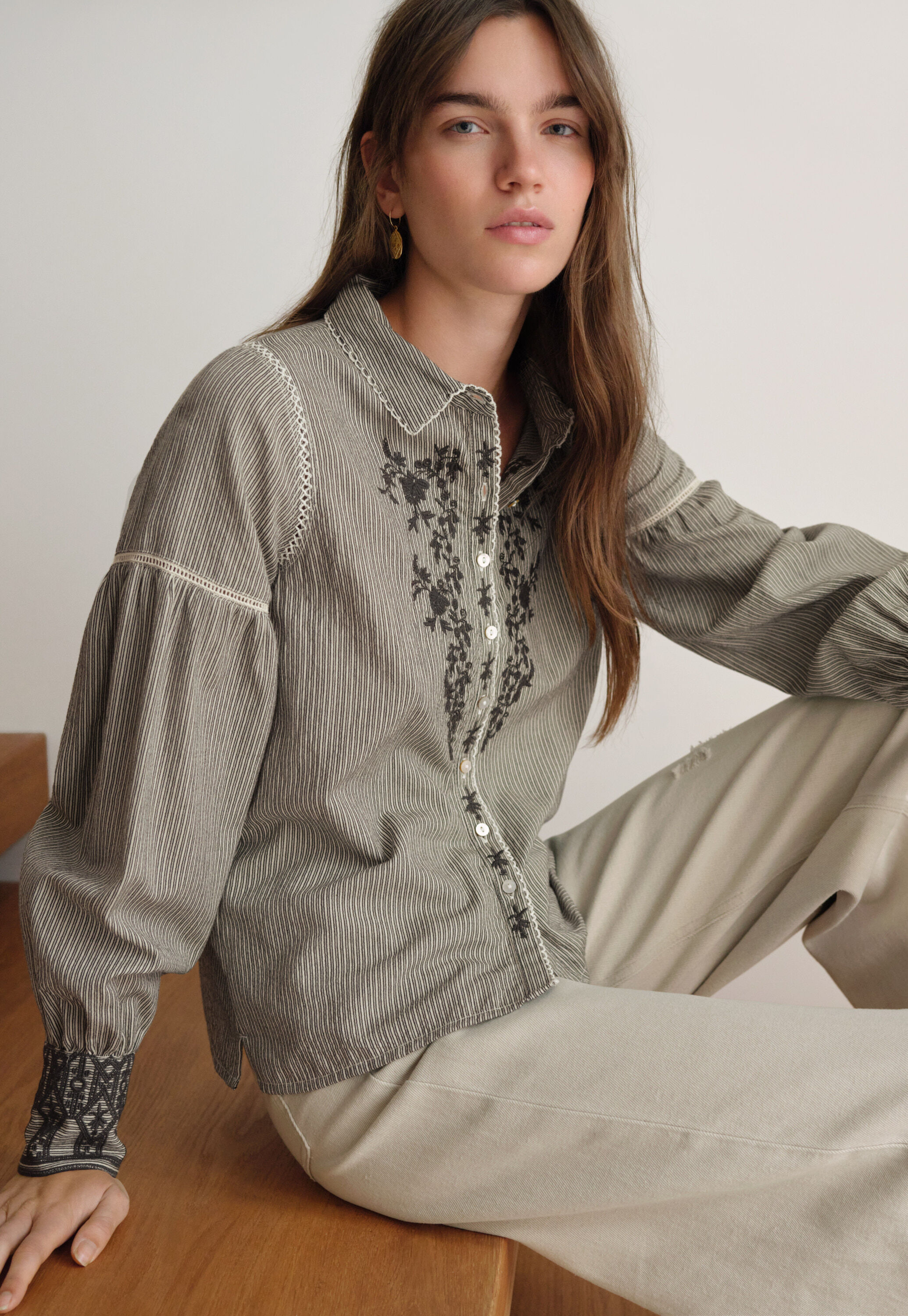 Embroidered self-stripe blouse, Charcoal ecru, large