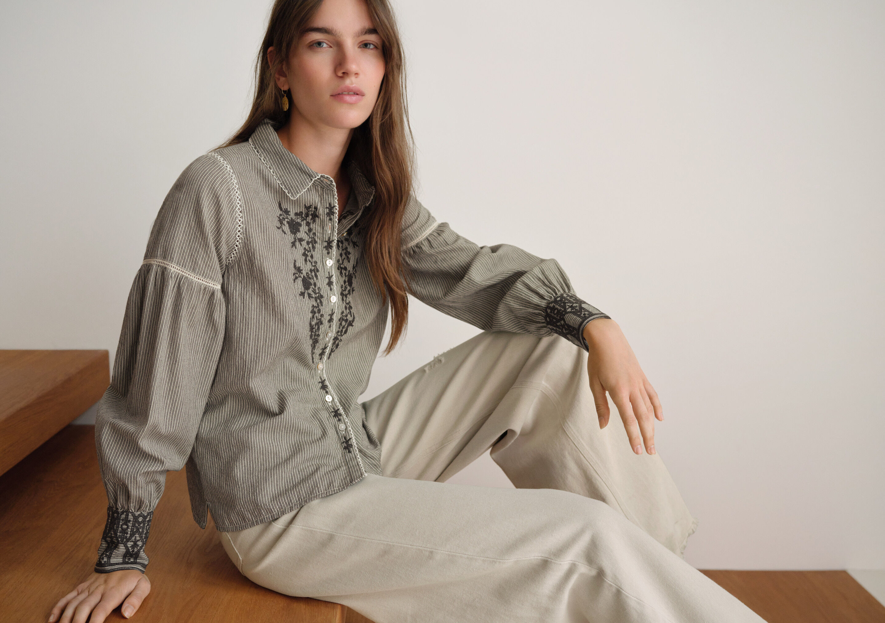 Embroidered self-stripe blouse