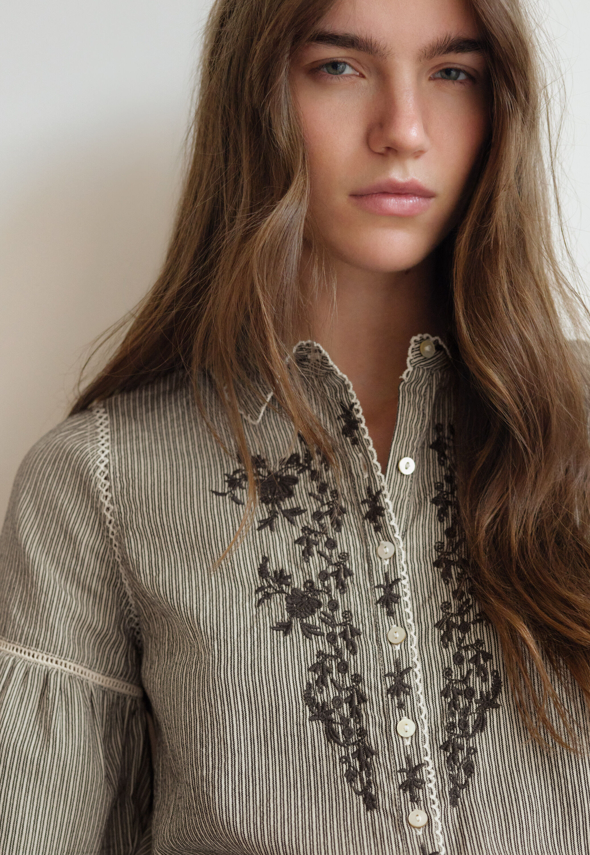 Embroidered self-stripe blouse, Charcoal ecru, large