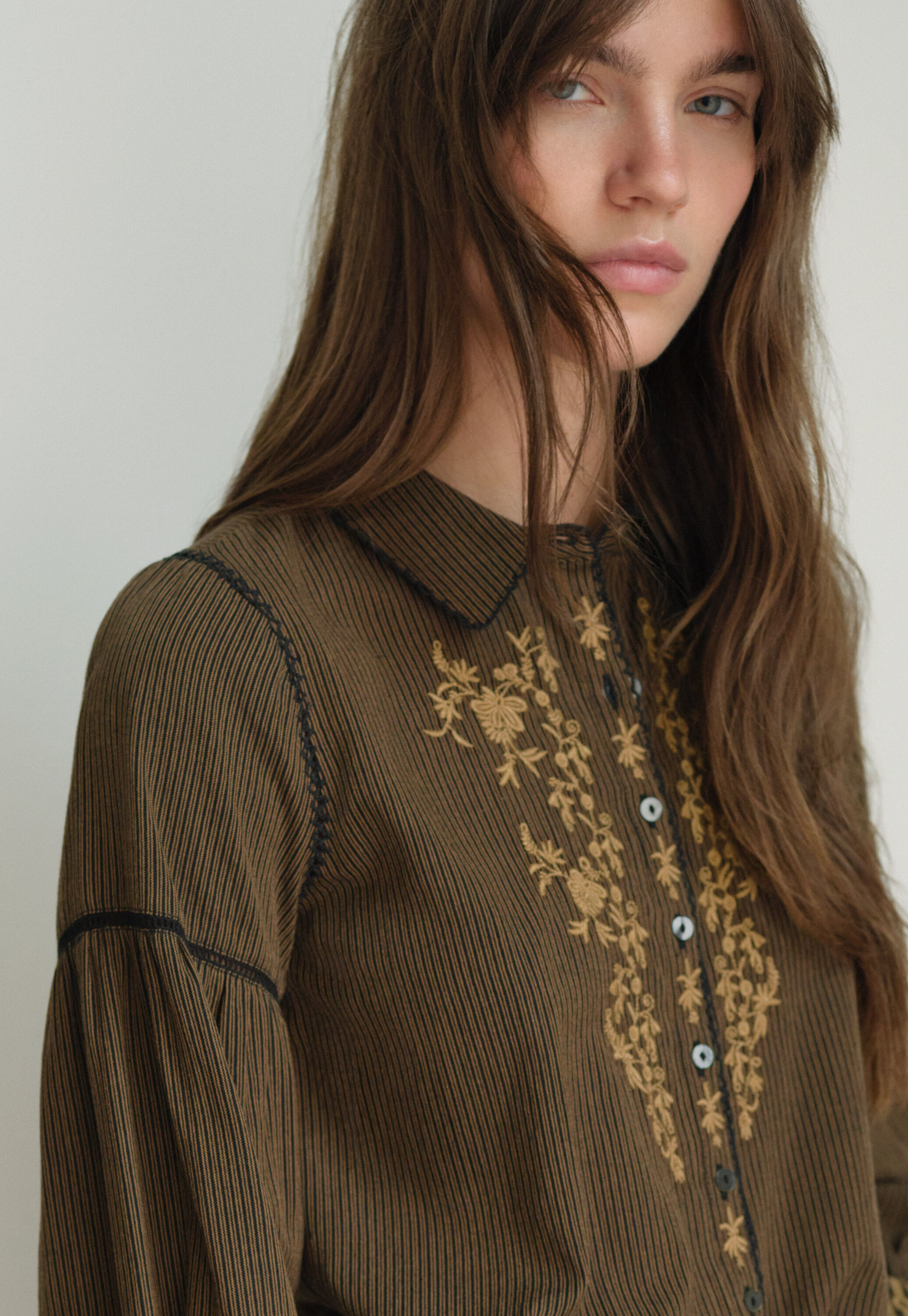 Embroidered self-stripe blouse, Espresso fawn, large