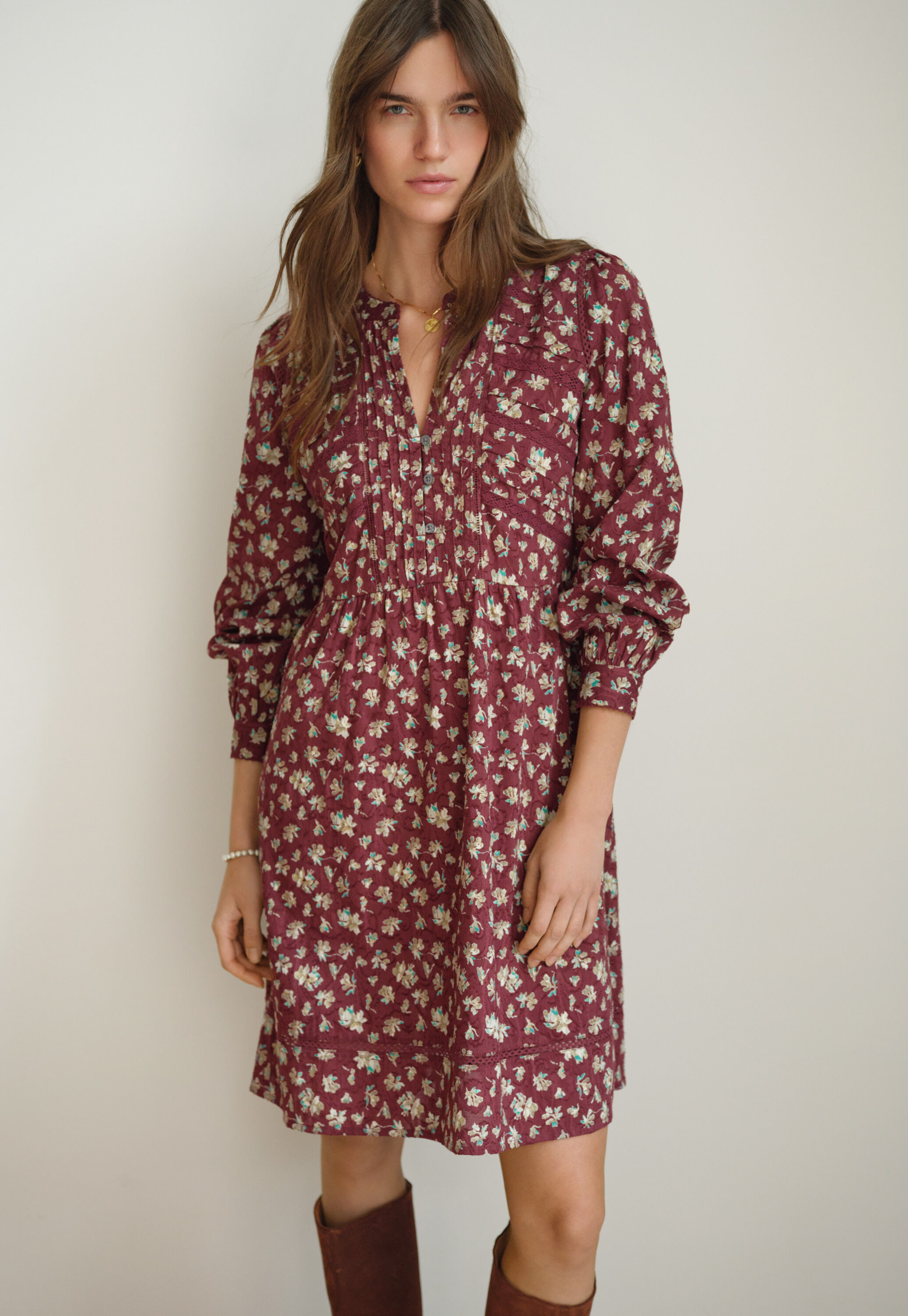 Printed short dress, Wine, large