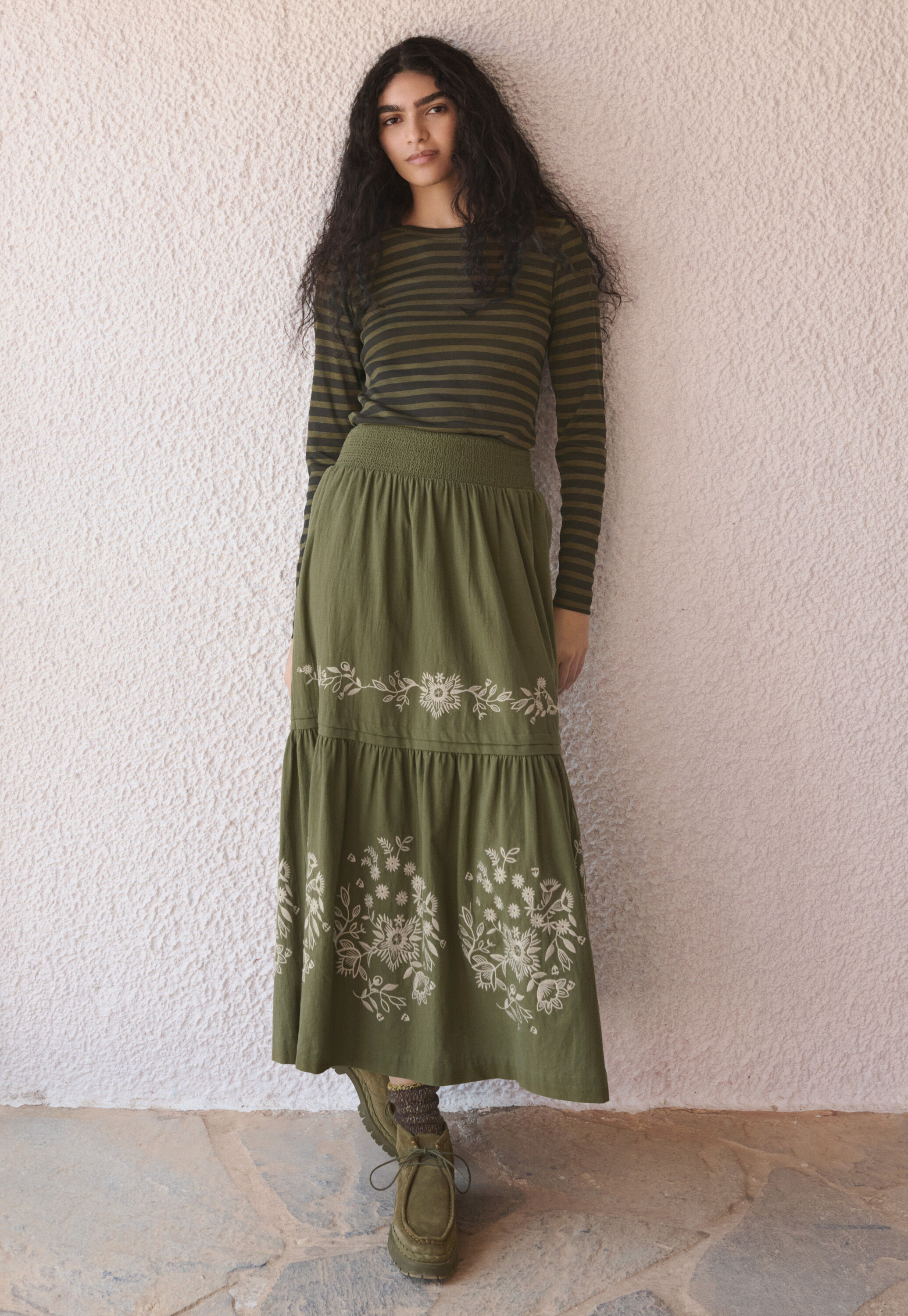 Printed striped top, Dark olive, large