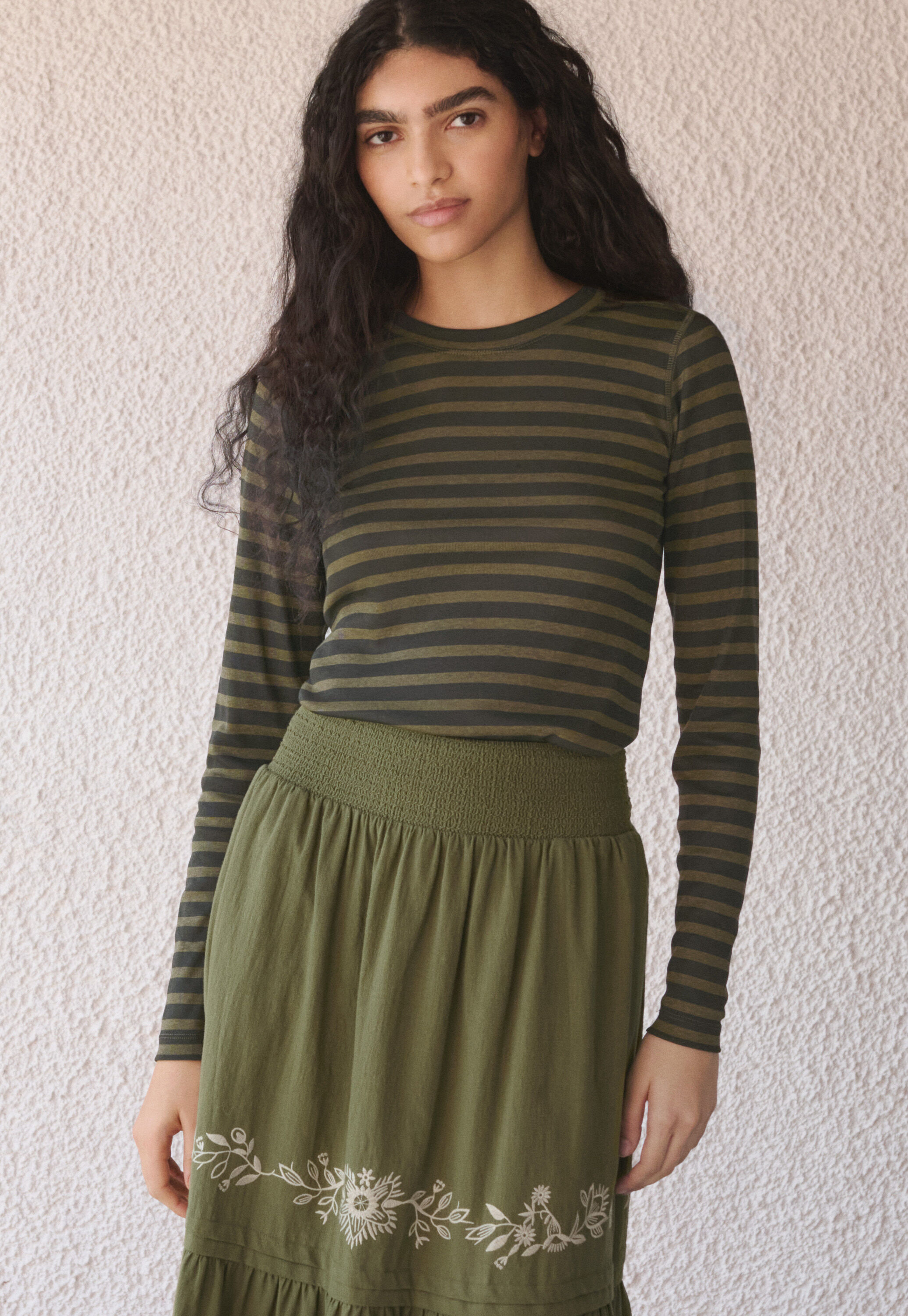 Printed striped top, Dark olive, large