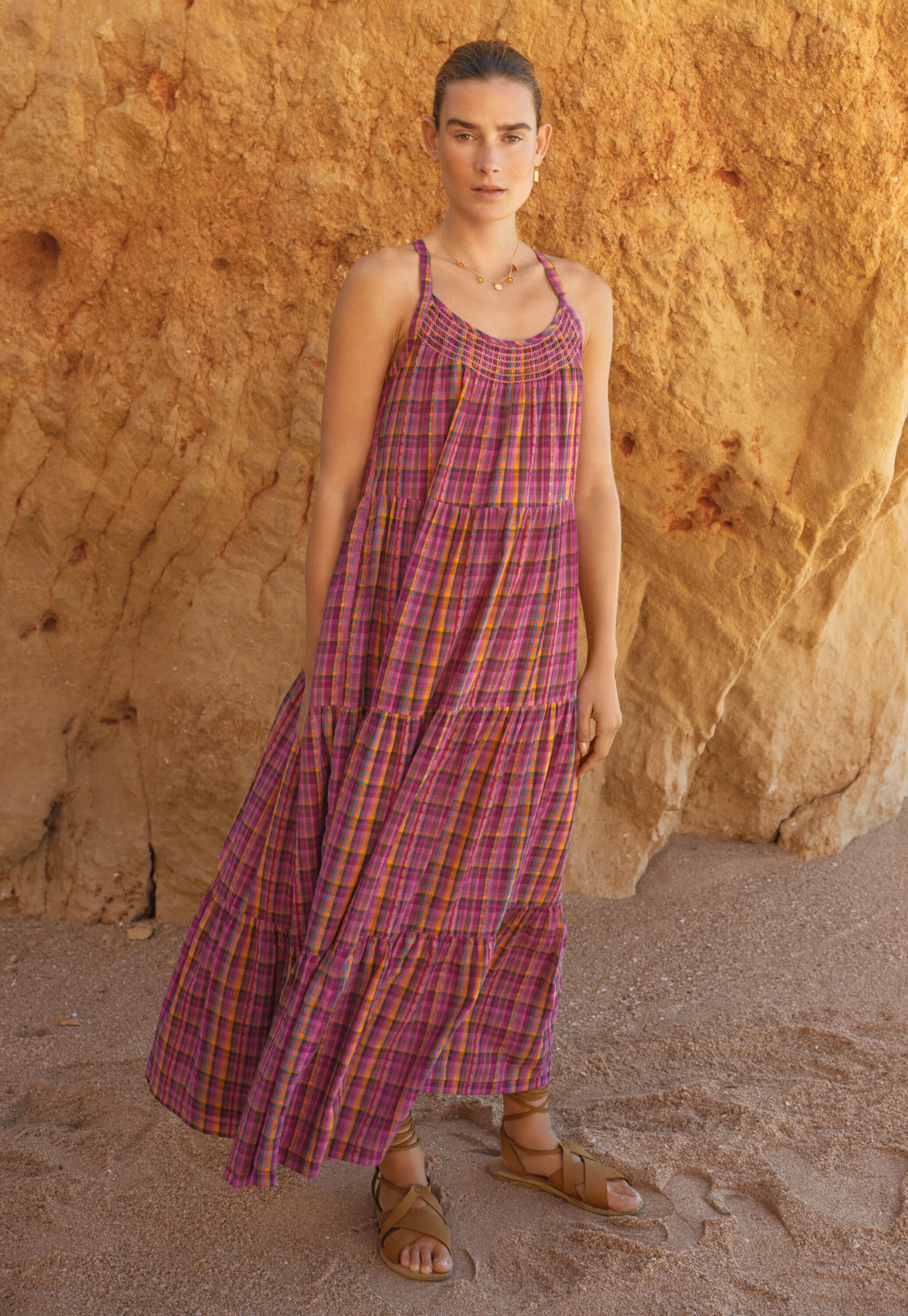Checked maxi-dress, Magenta orange, large