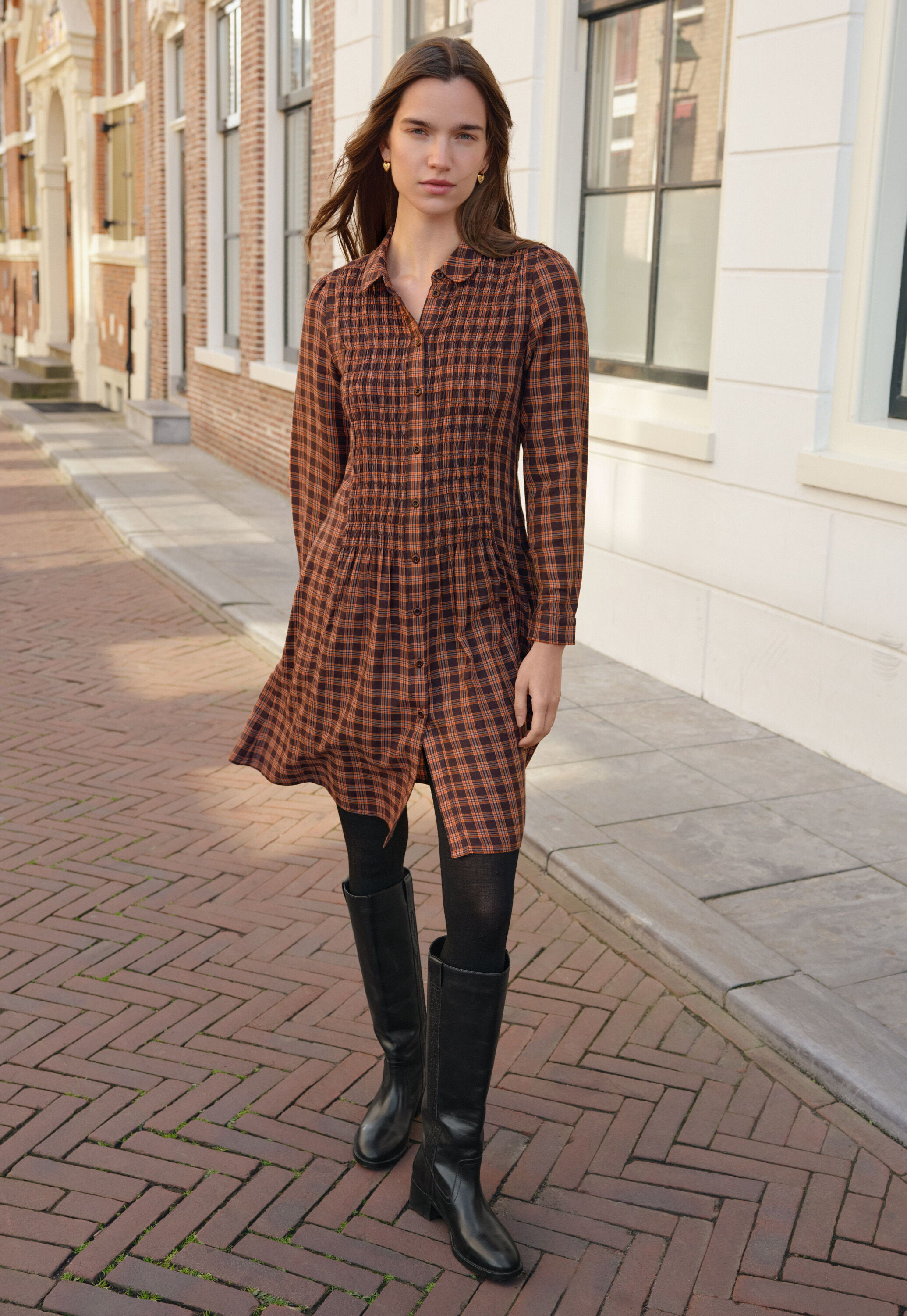 Shirred check dress, Brown spice, large