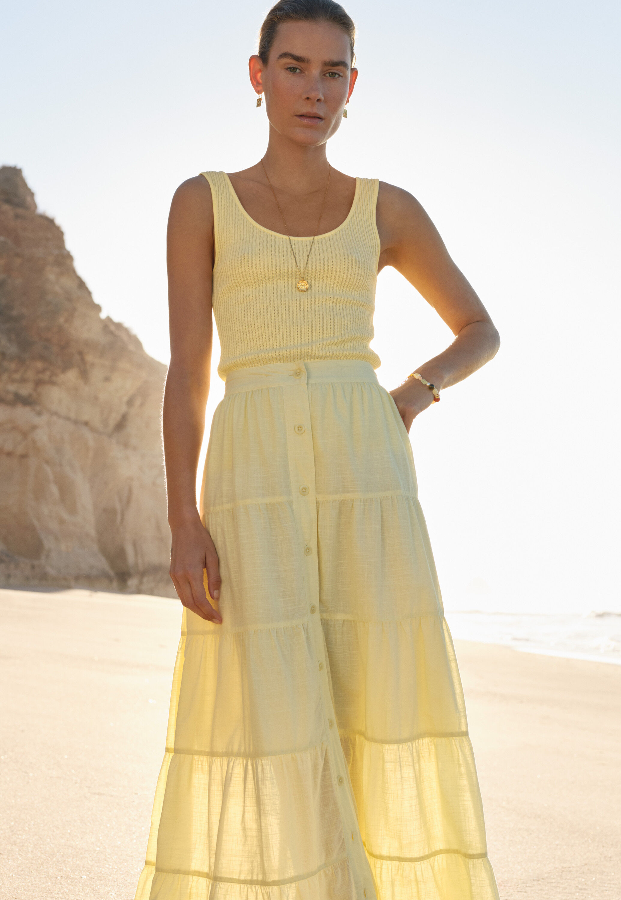 Tiered skirt, Pastel yellow, large