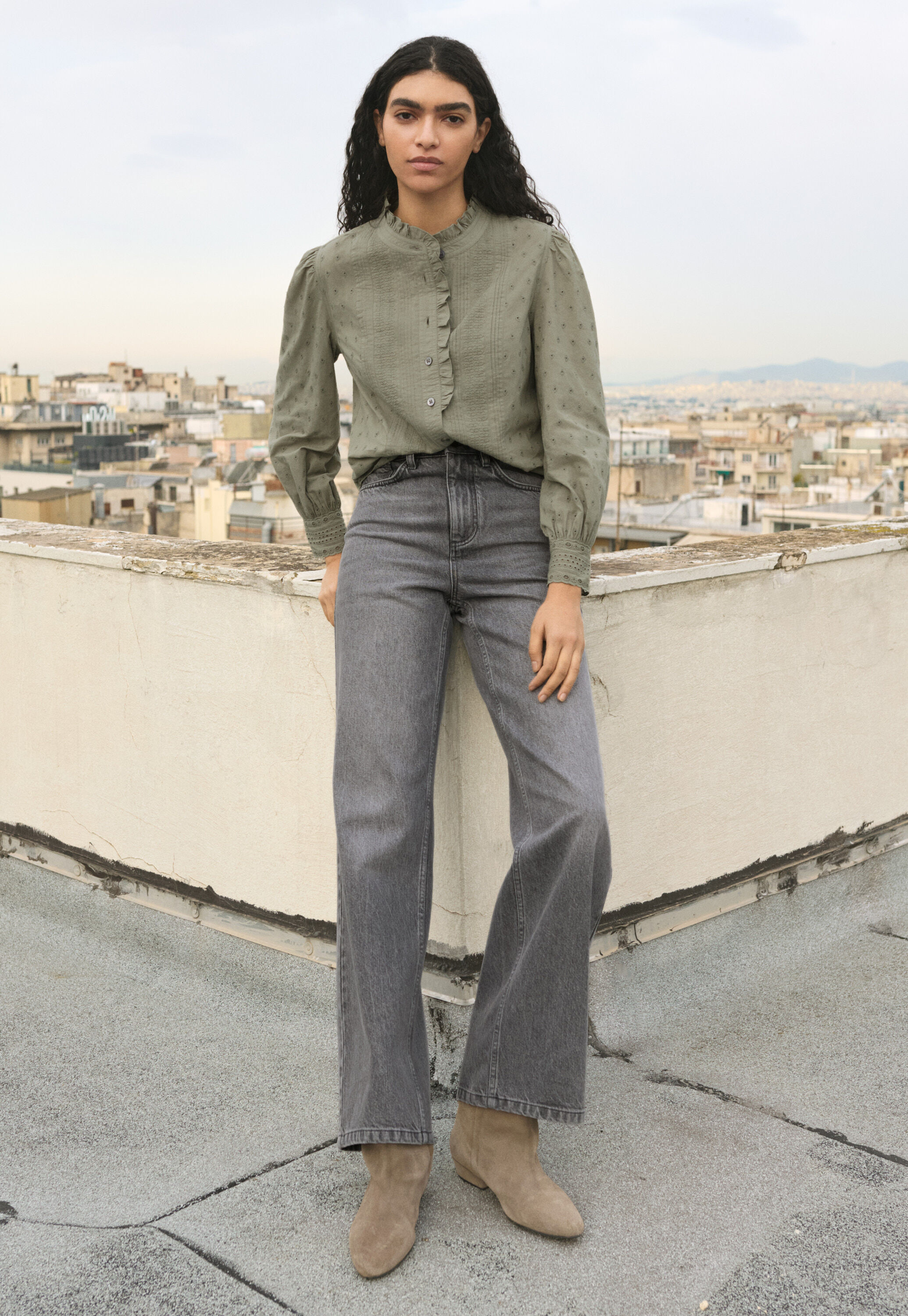 Ruffle-neck broderie blouse