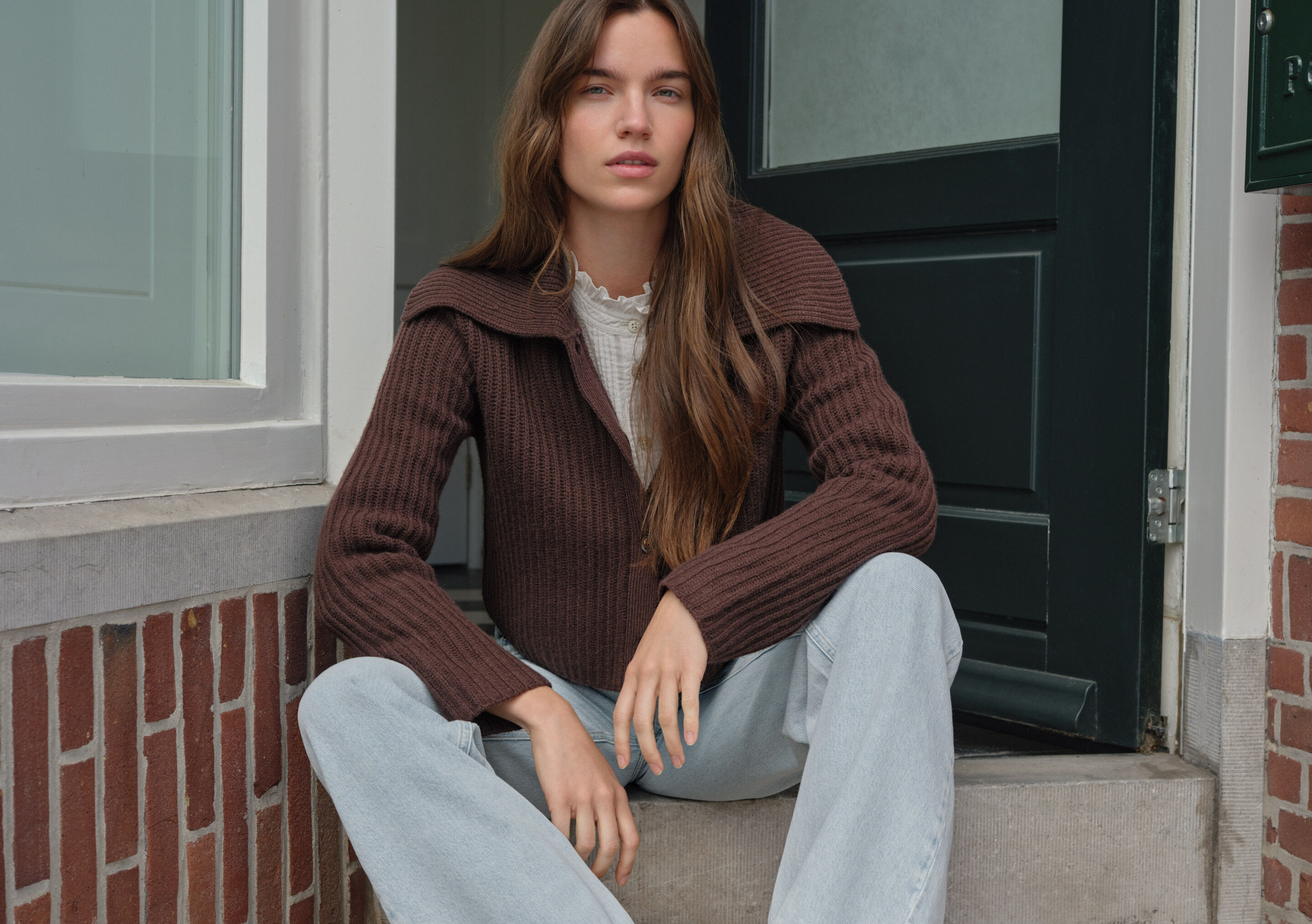 Rib-stitch collared cardigan