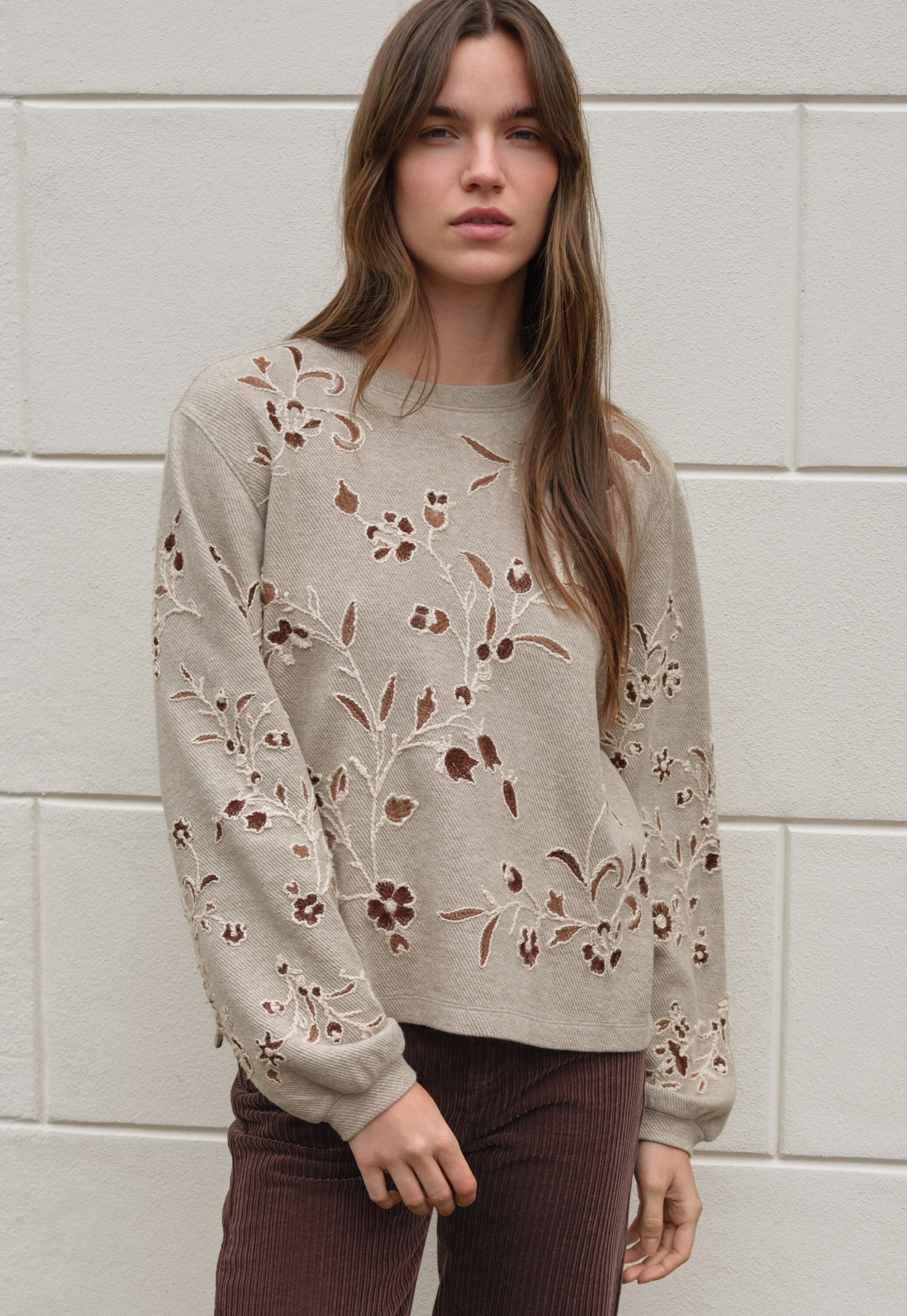 Embroidered jersey top, Light taupe, large