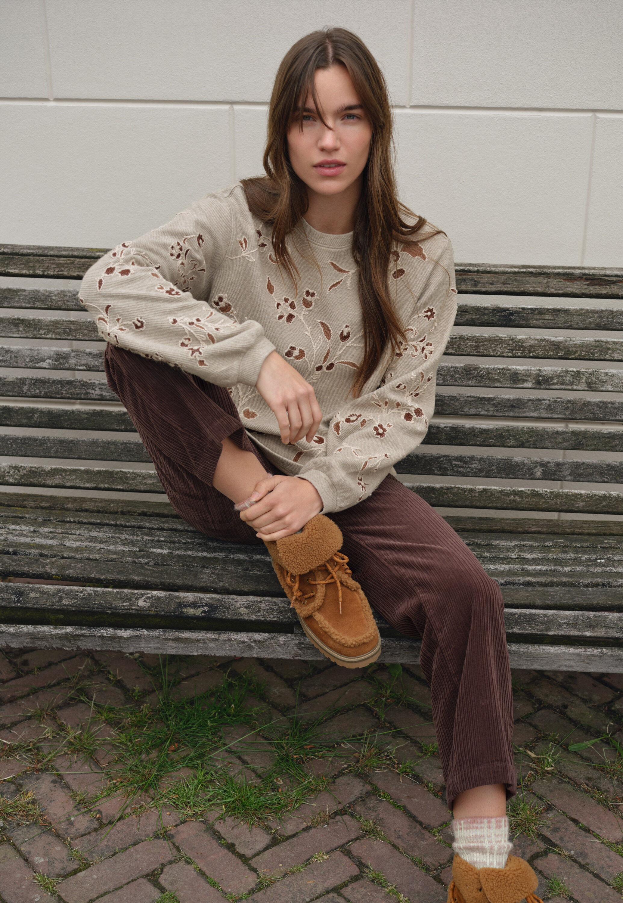 Embroidered jersey top, Light taupe, large