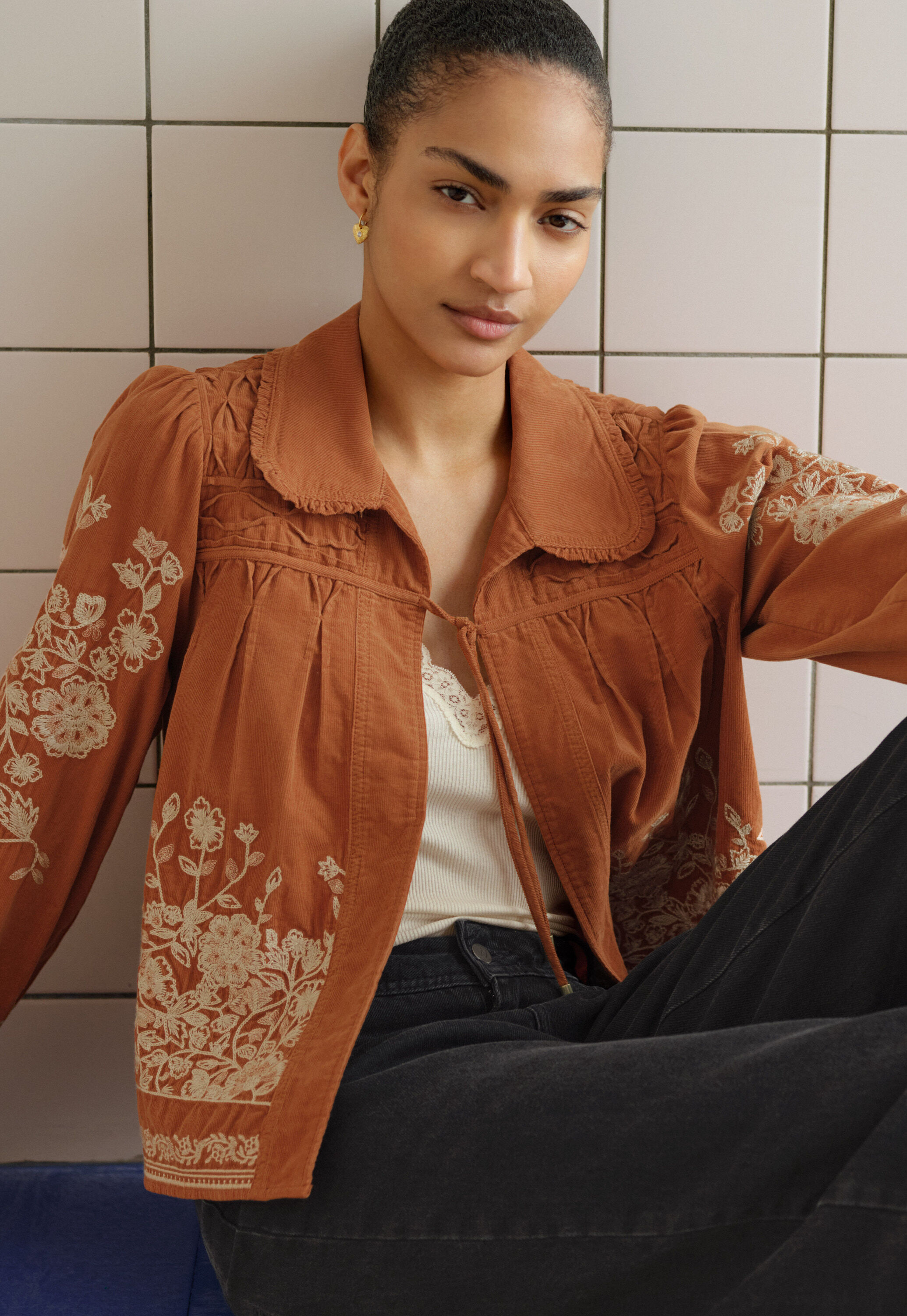 Embroidered cord jacket, Rust, large