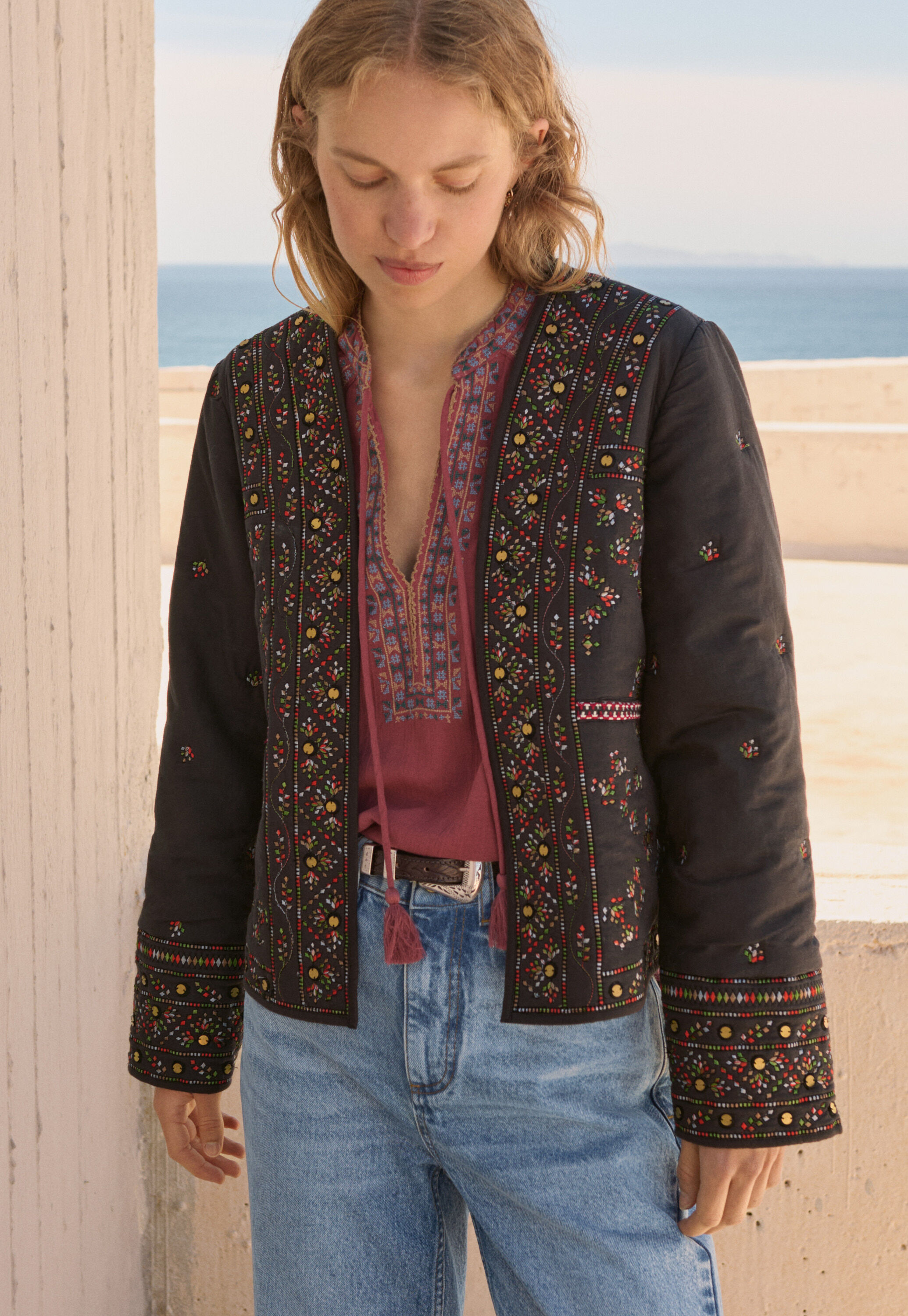 Quilted embroidered jacket, Charcoal, large