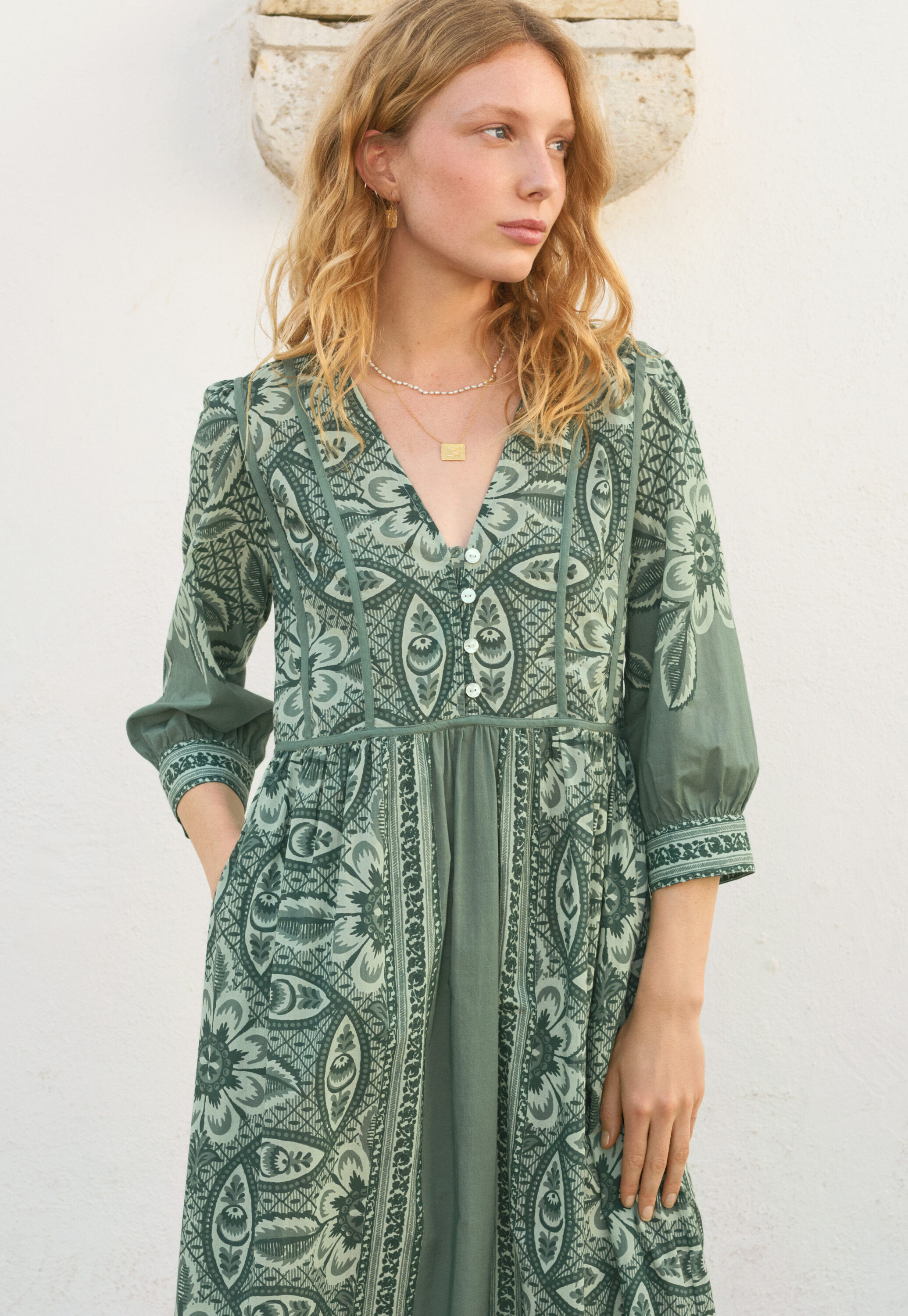 Placement-print dress, Sage grey, large