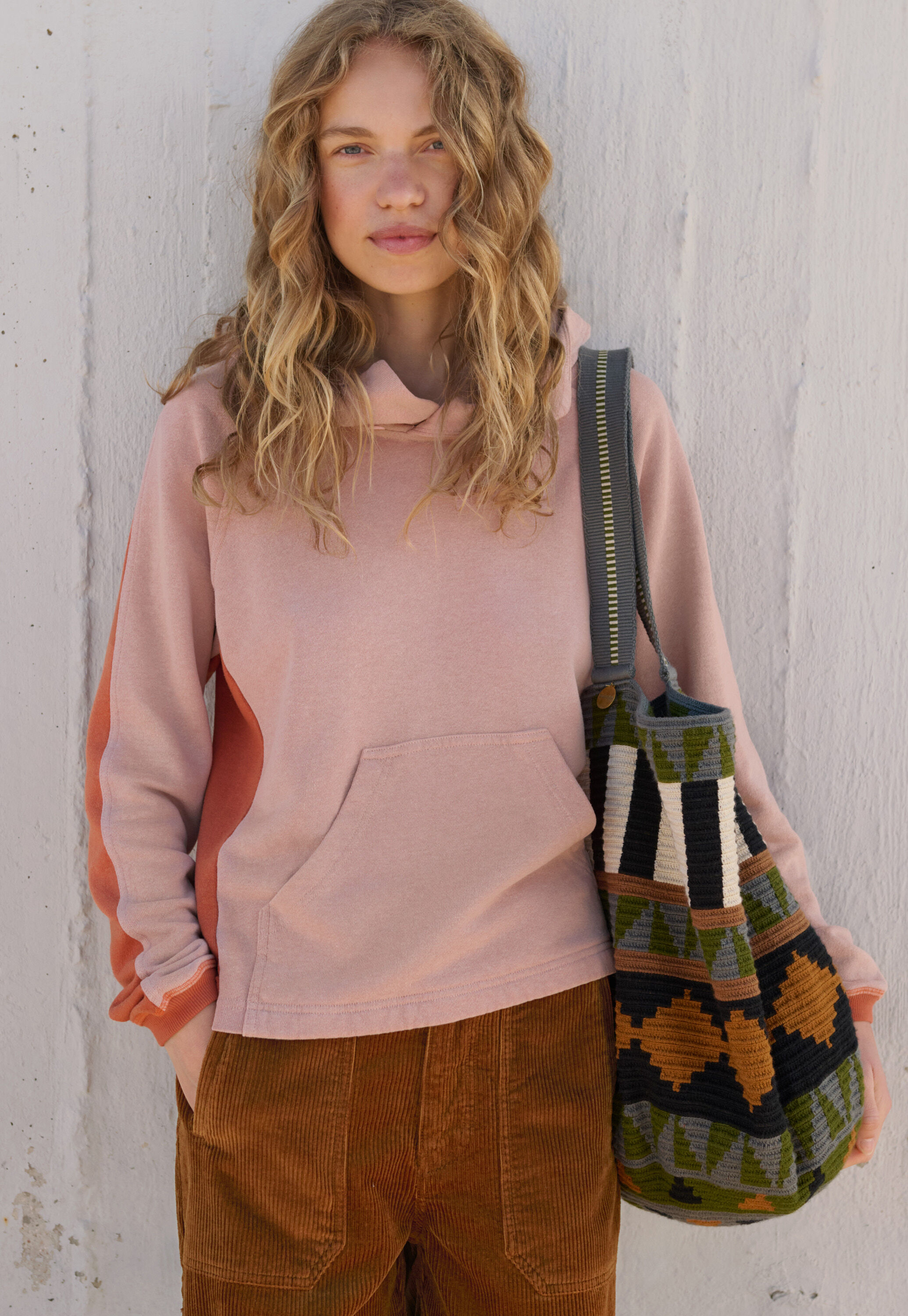 Panelled hoodie, Rose papaya, large