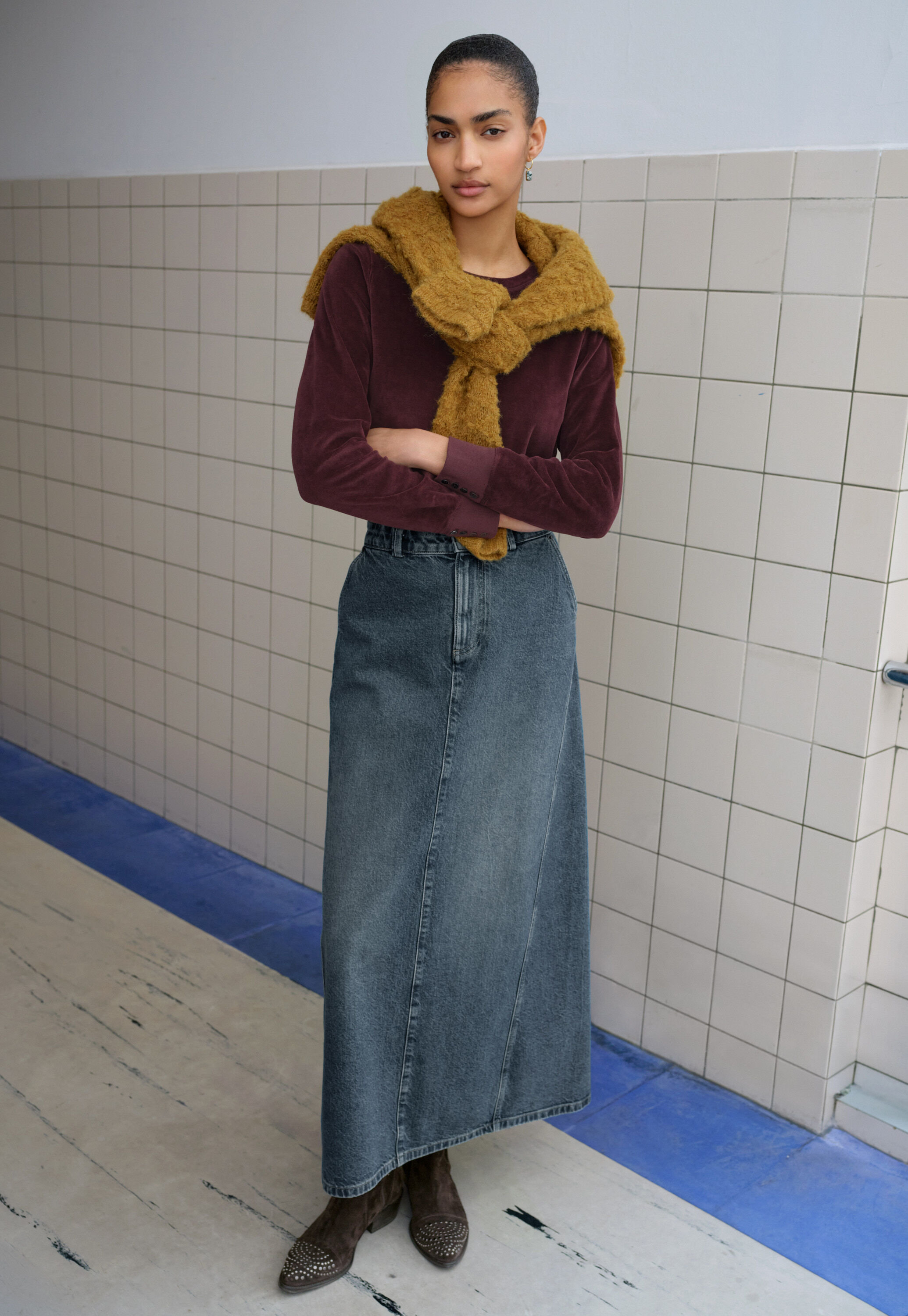 Darted denim skirt, Marine blue, large