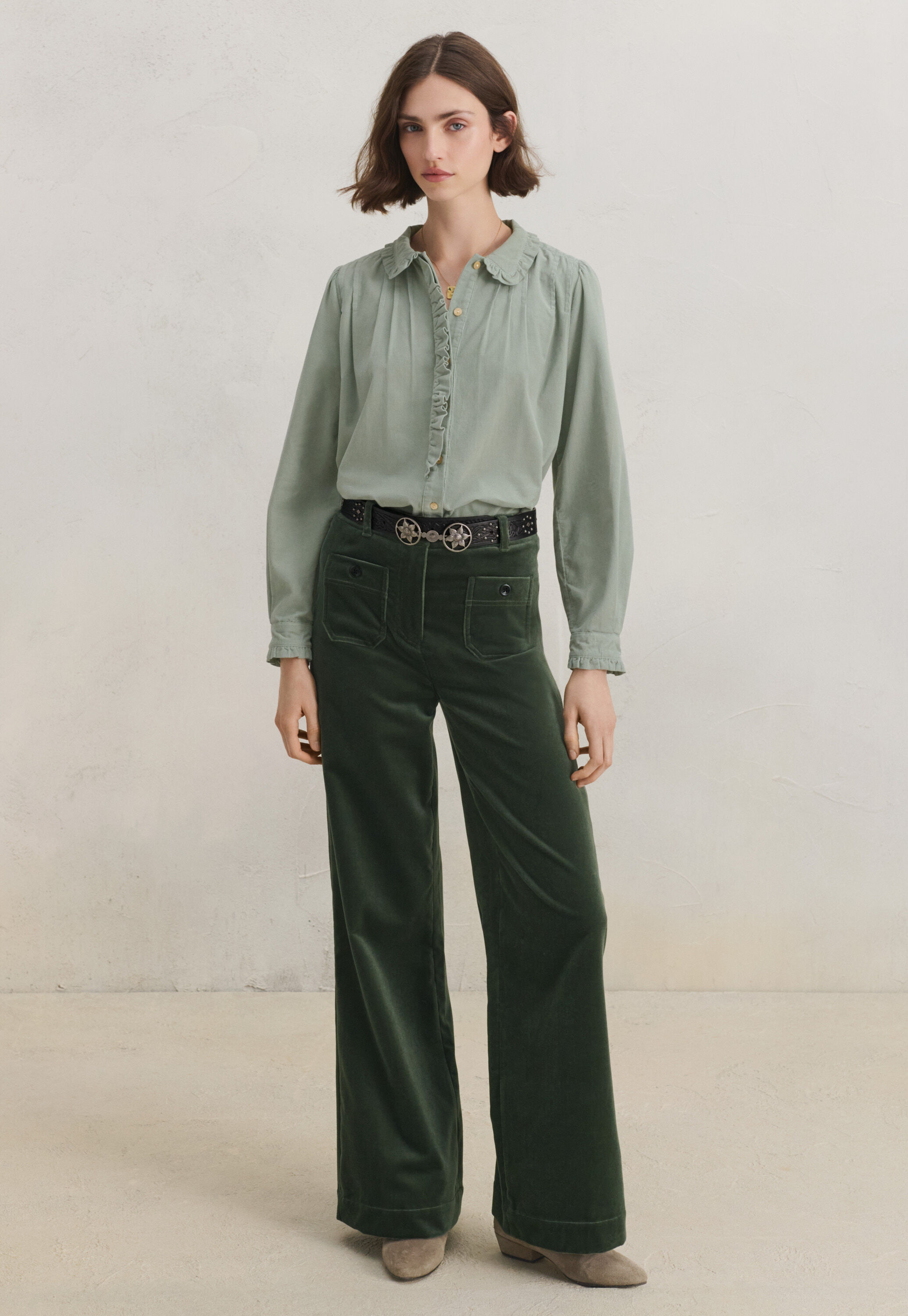 Cord pleated blouse, Dusty duck egg, large