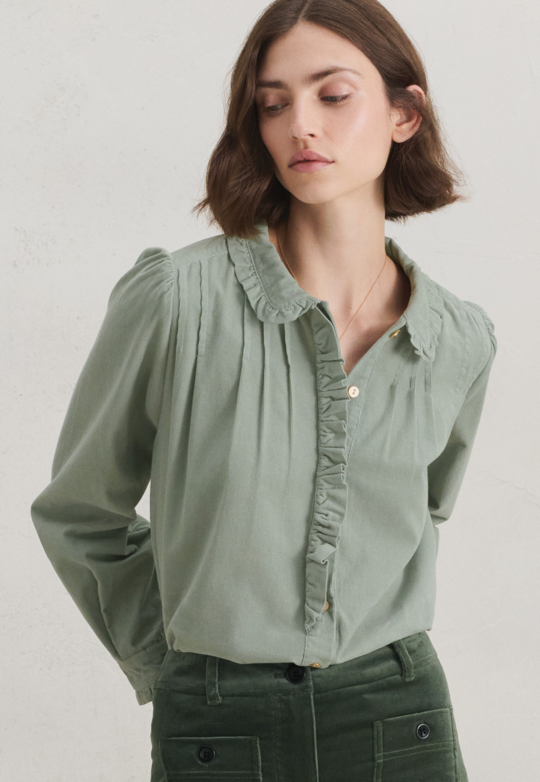 Cord pleated blouse, Dusty duck egg, large