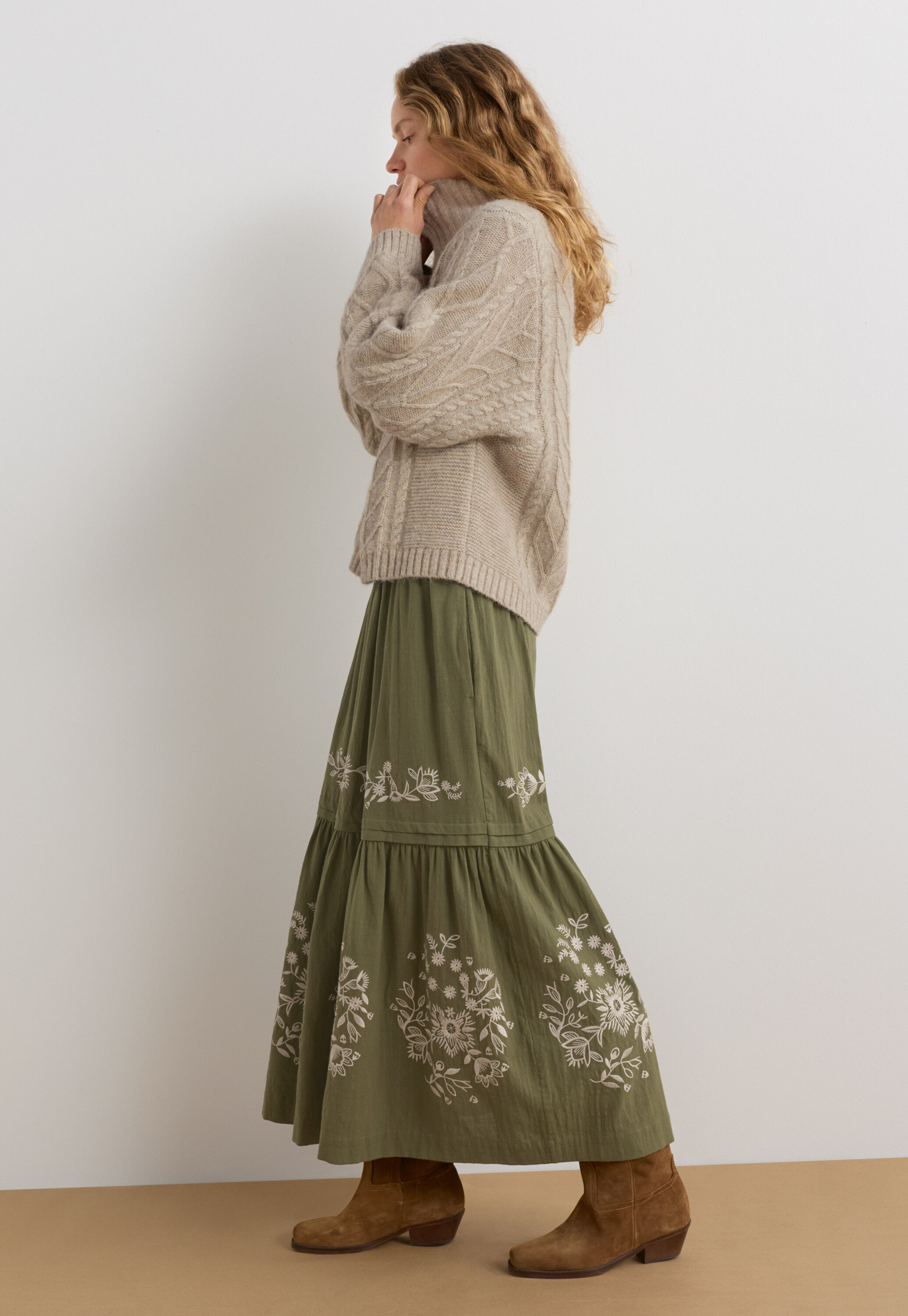 Embroidered skirt, Olive, large