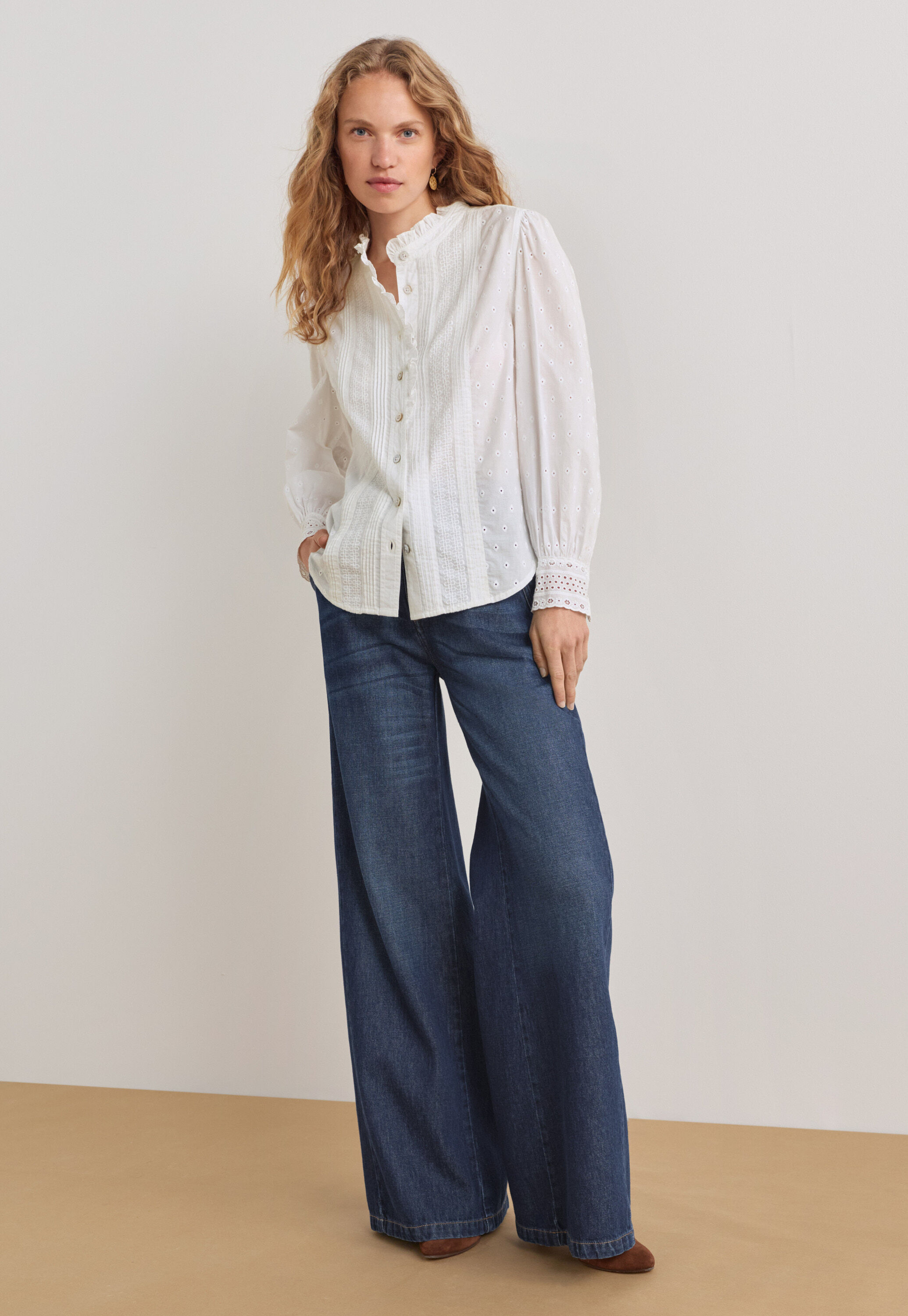 Ruffle-neck broderie blouse, White, large
