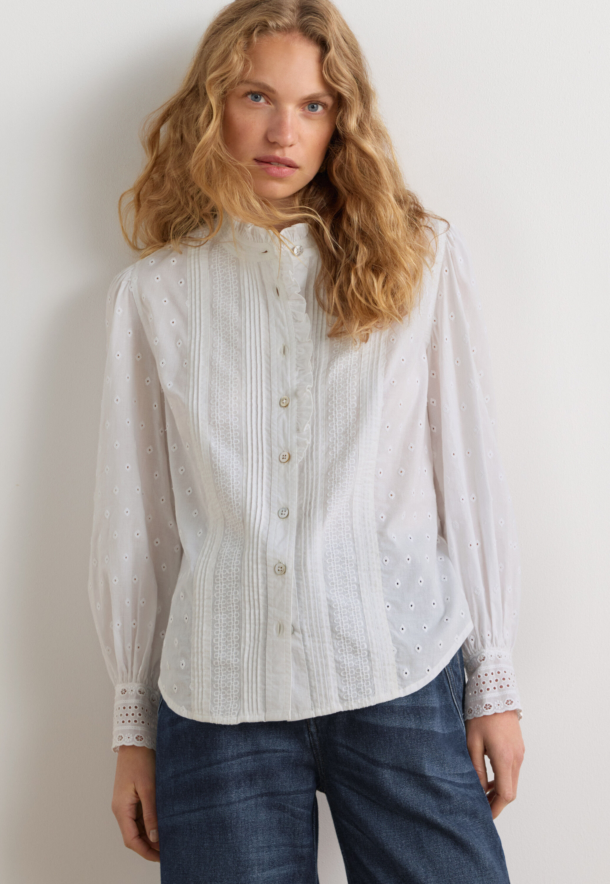 Ruffle-neck broderie blouse, White, large