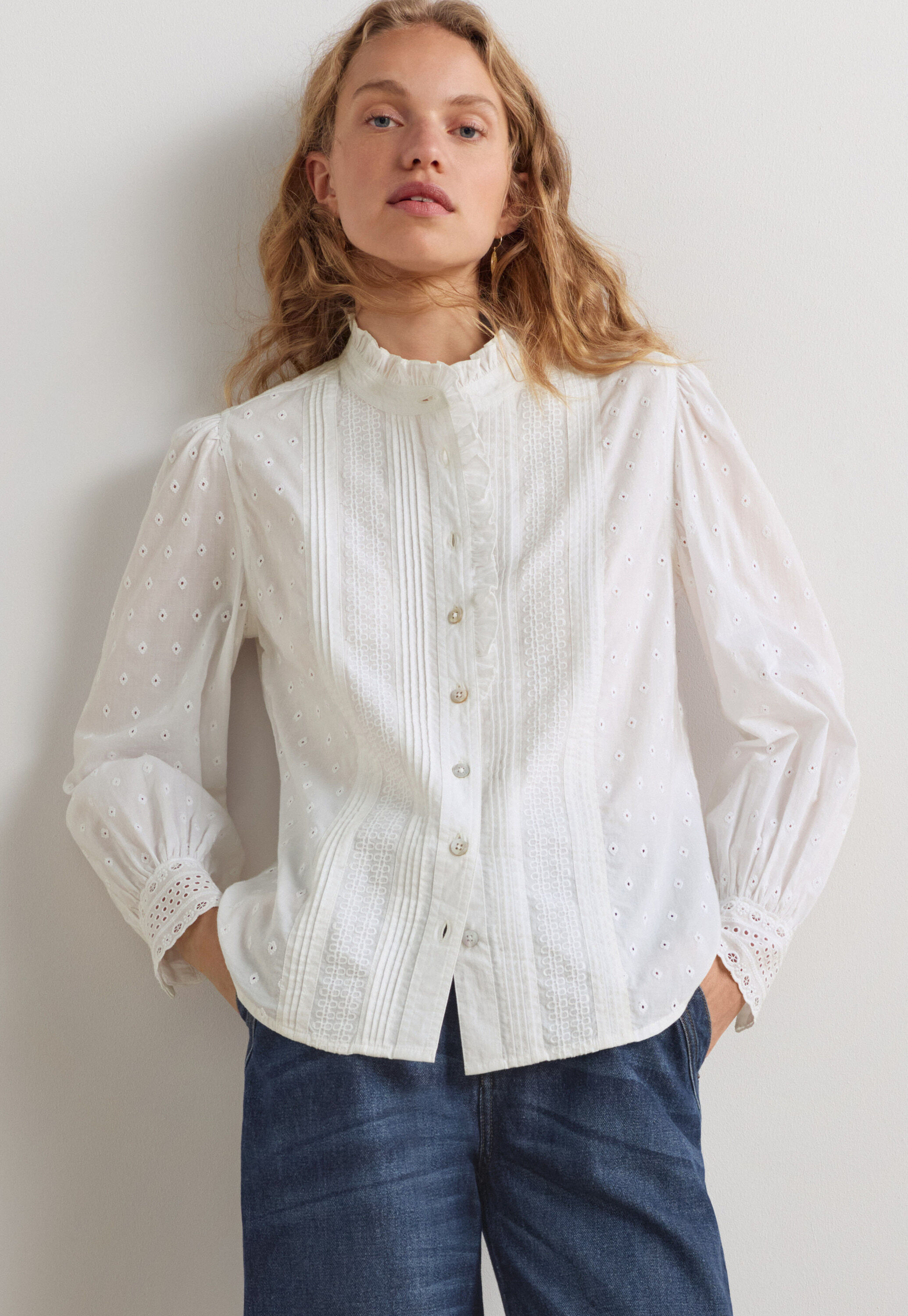 Ruffle-neck broderie blouse, White, large