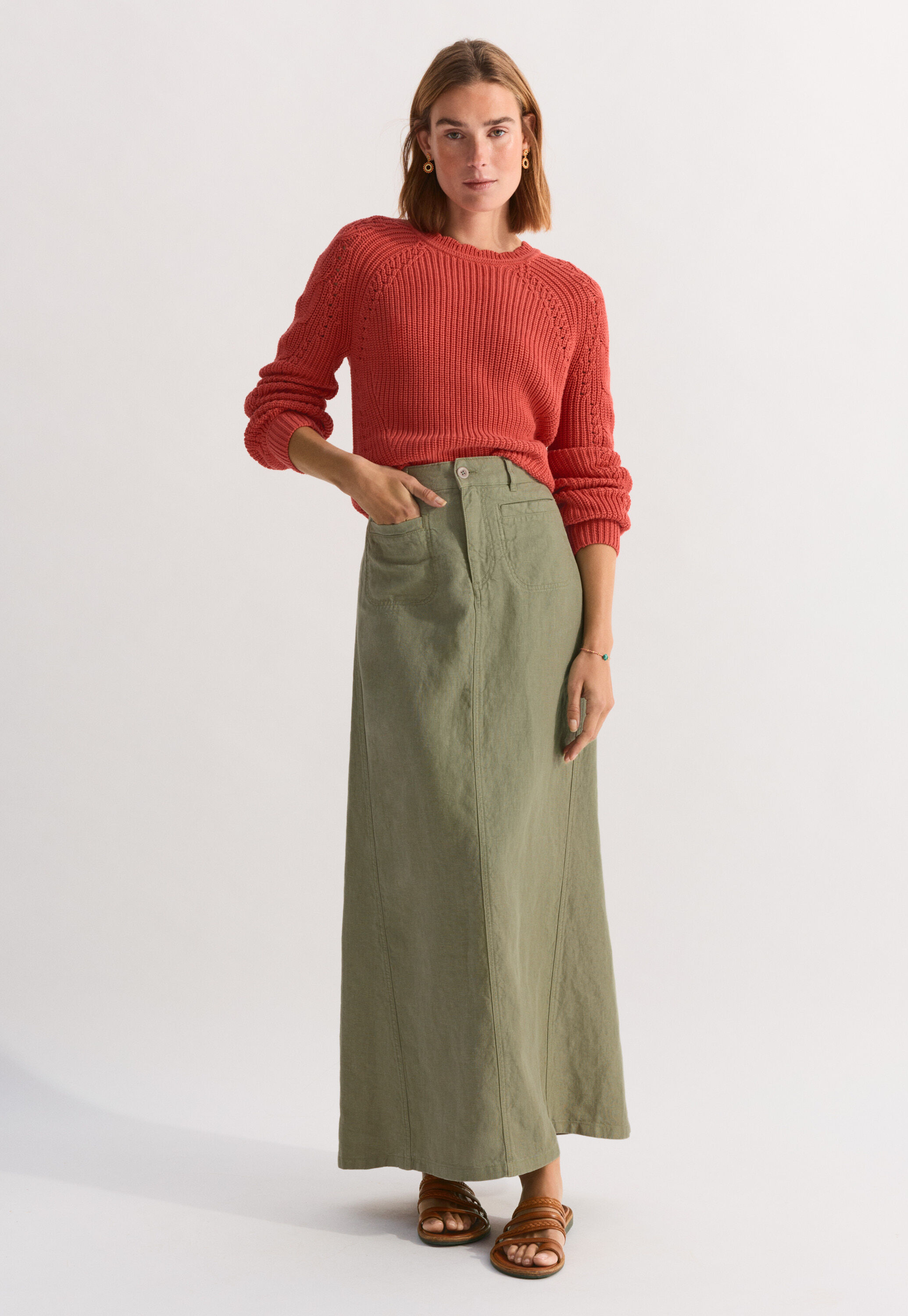 Cable-sleeve sweater, Strawberry, large