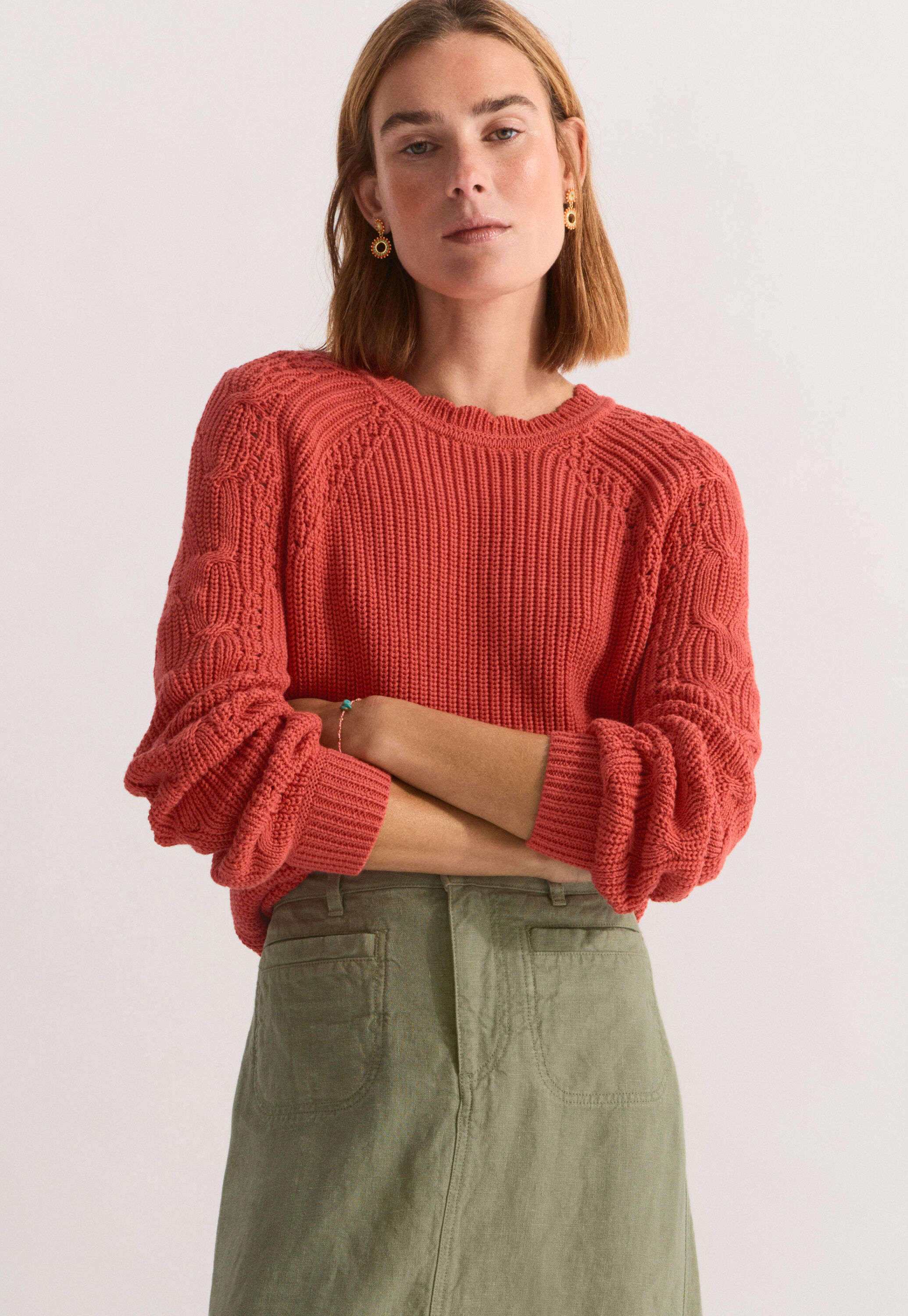 Cable-sleeve sweater, Strawberry, large