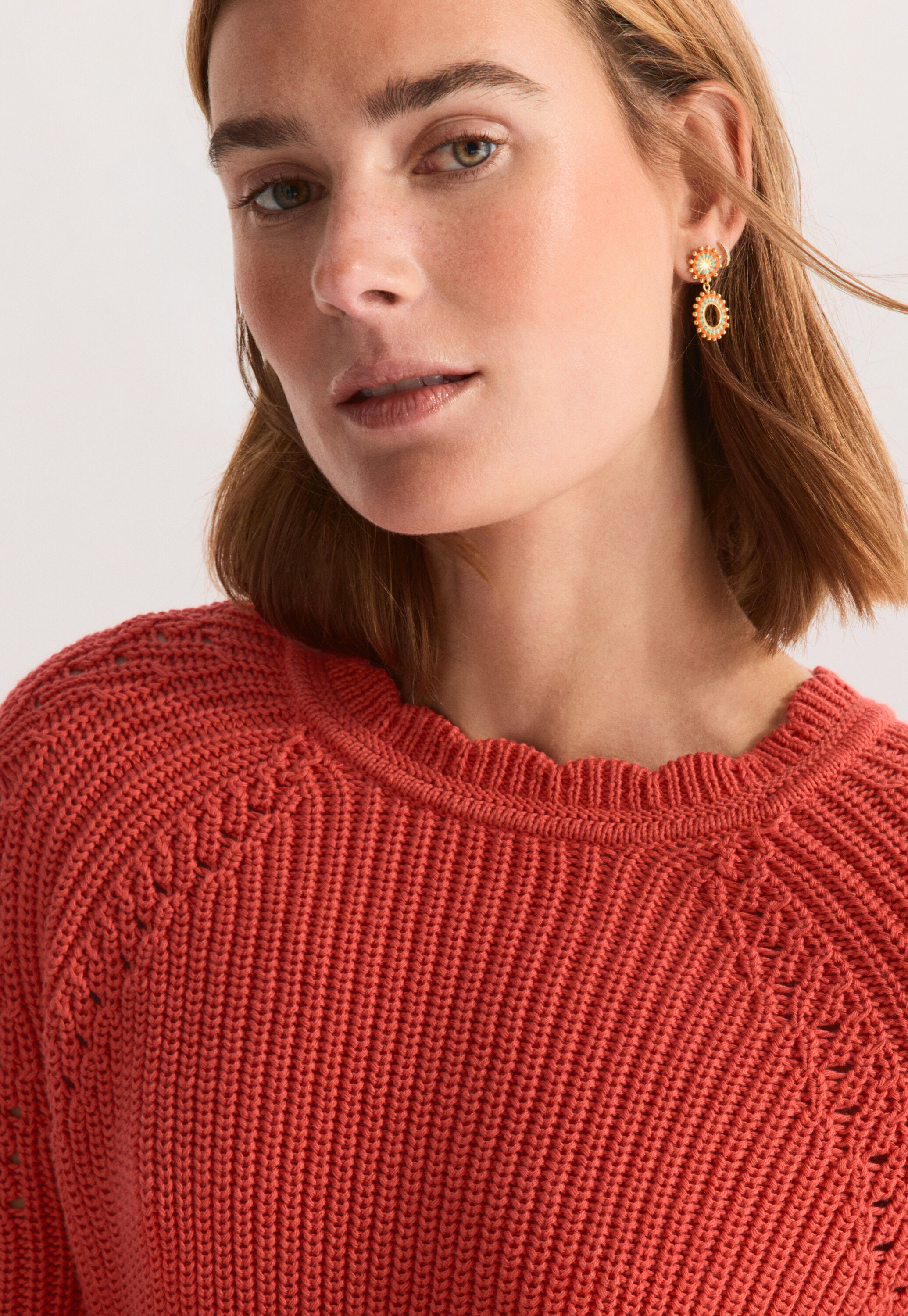 Cable-sleeve sweater, Strawberry, large