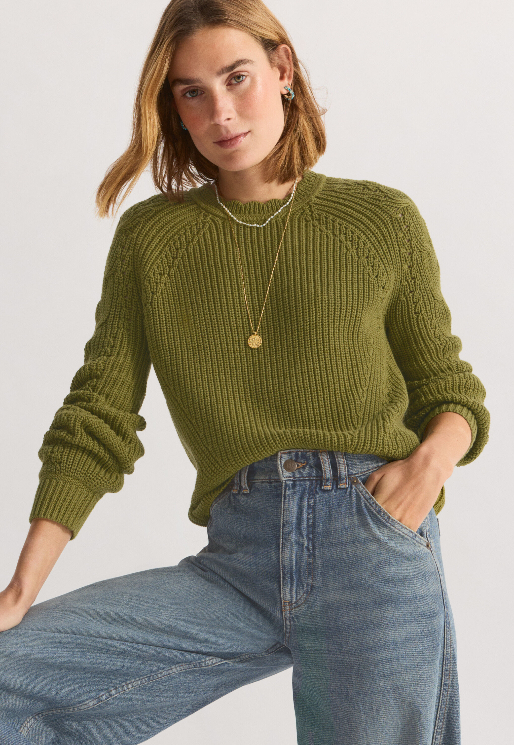 Cable-sleeve sweater, Dark lime, large