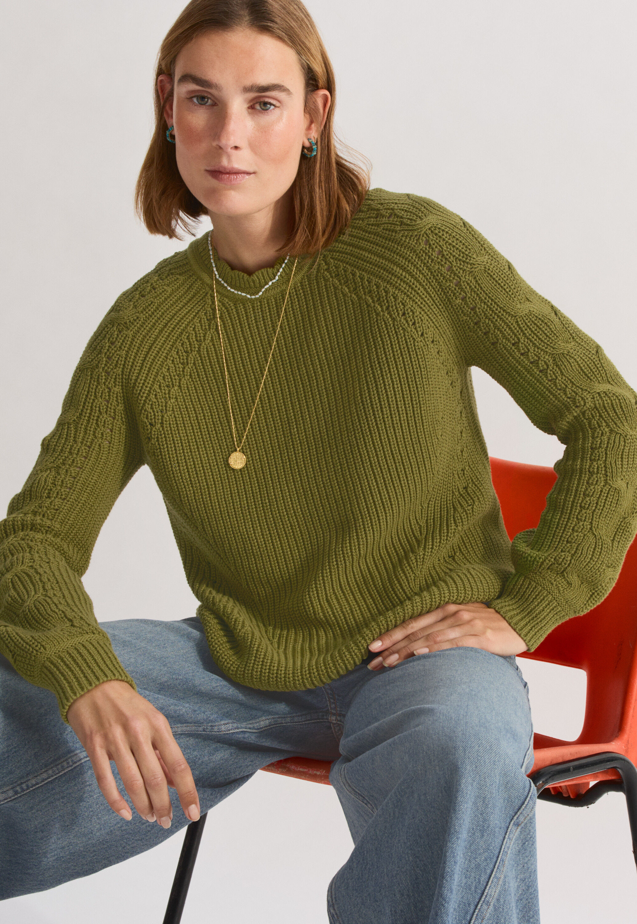 Cable-sleeve sweater, Dark lime, large