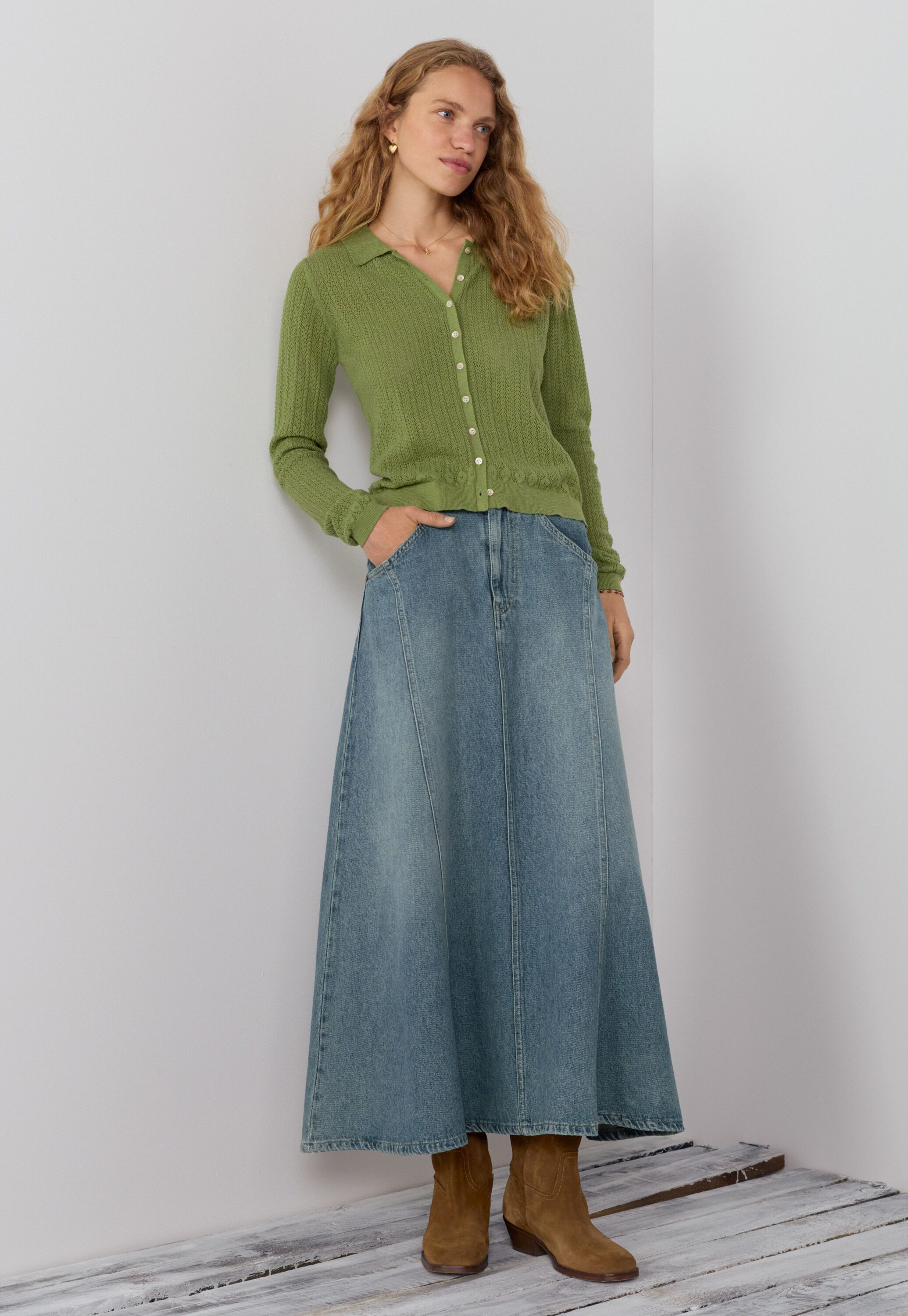 Lace-stitch collared cardigan, Leaf green, large