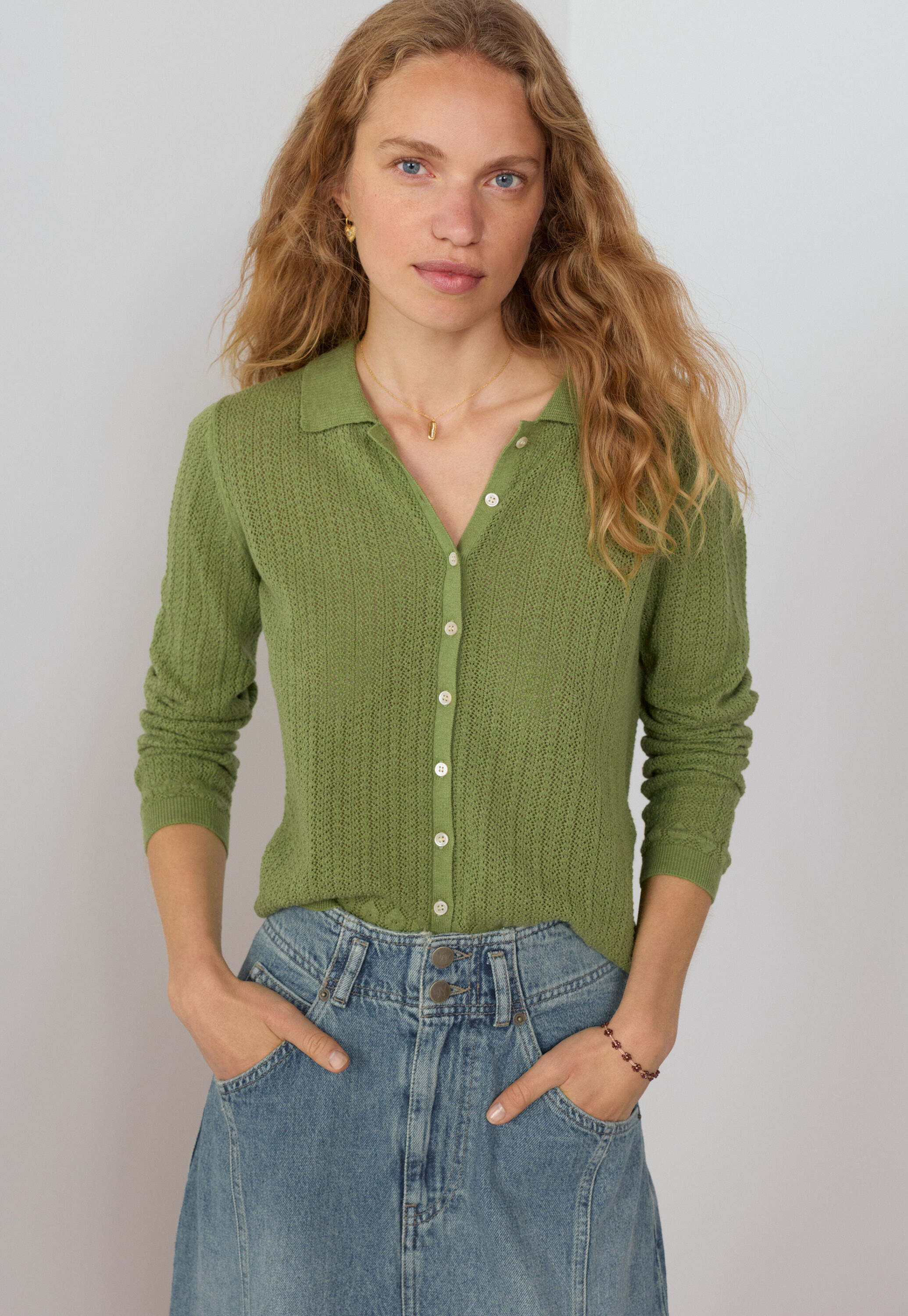 Lace-stitch collared cardigan, Leaf green, large
