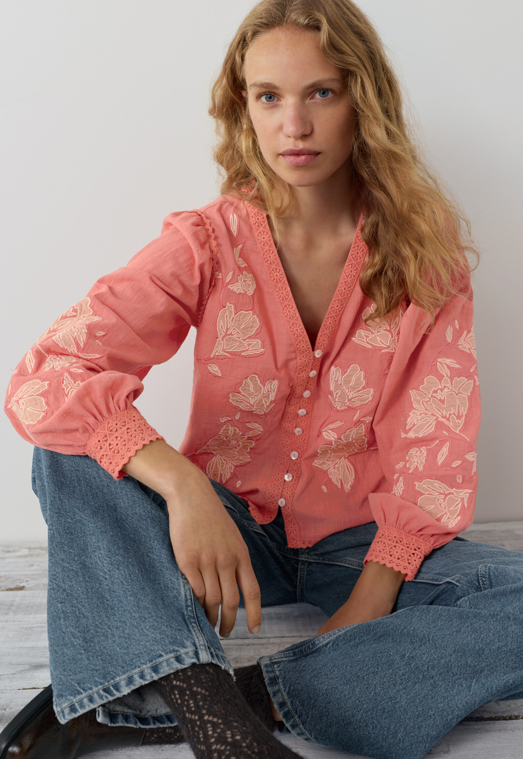 Applique blouse, Coral blush, large