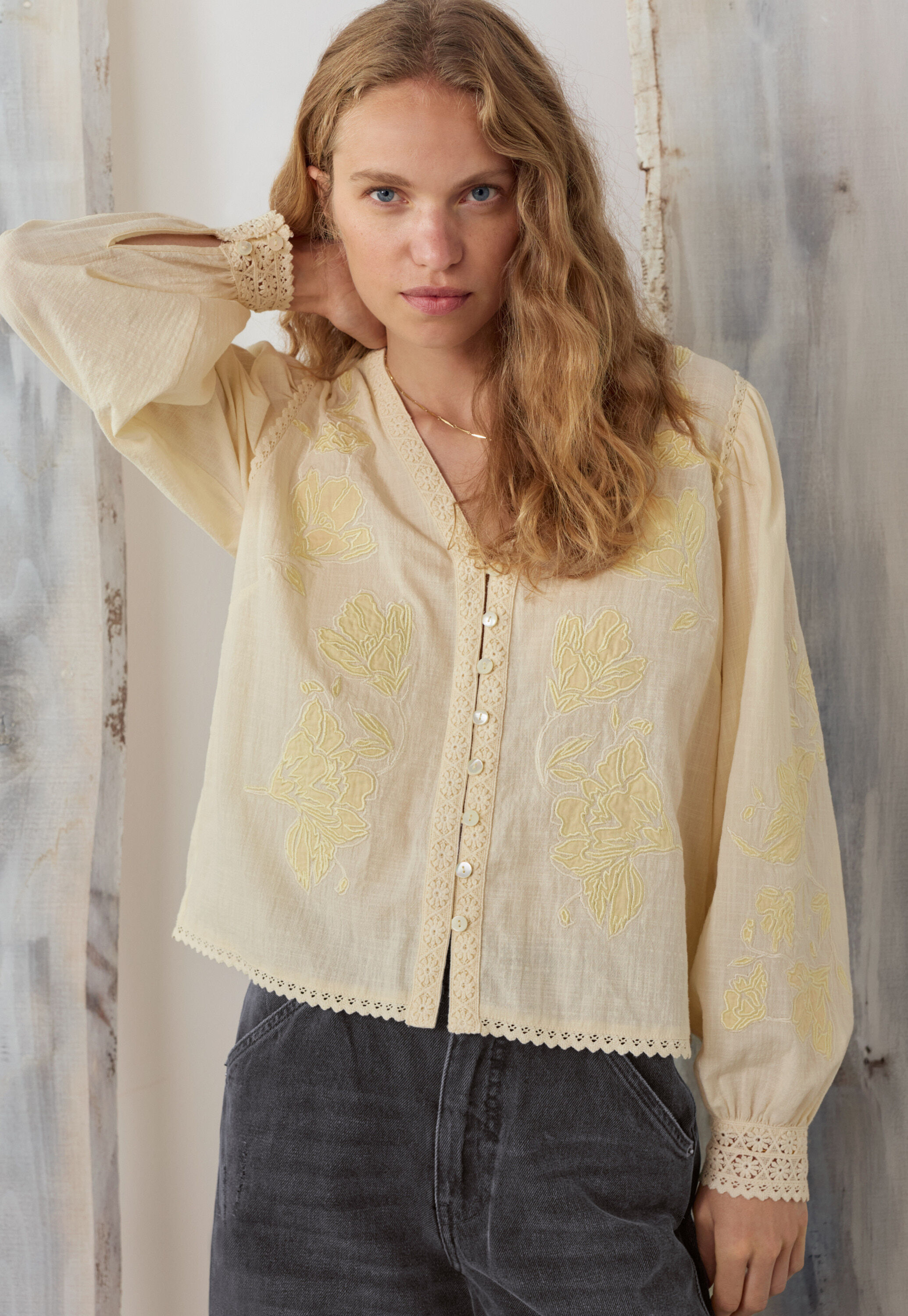 Applique blouse, Ecru lemon, large