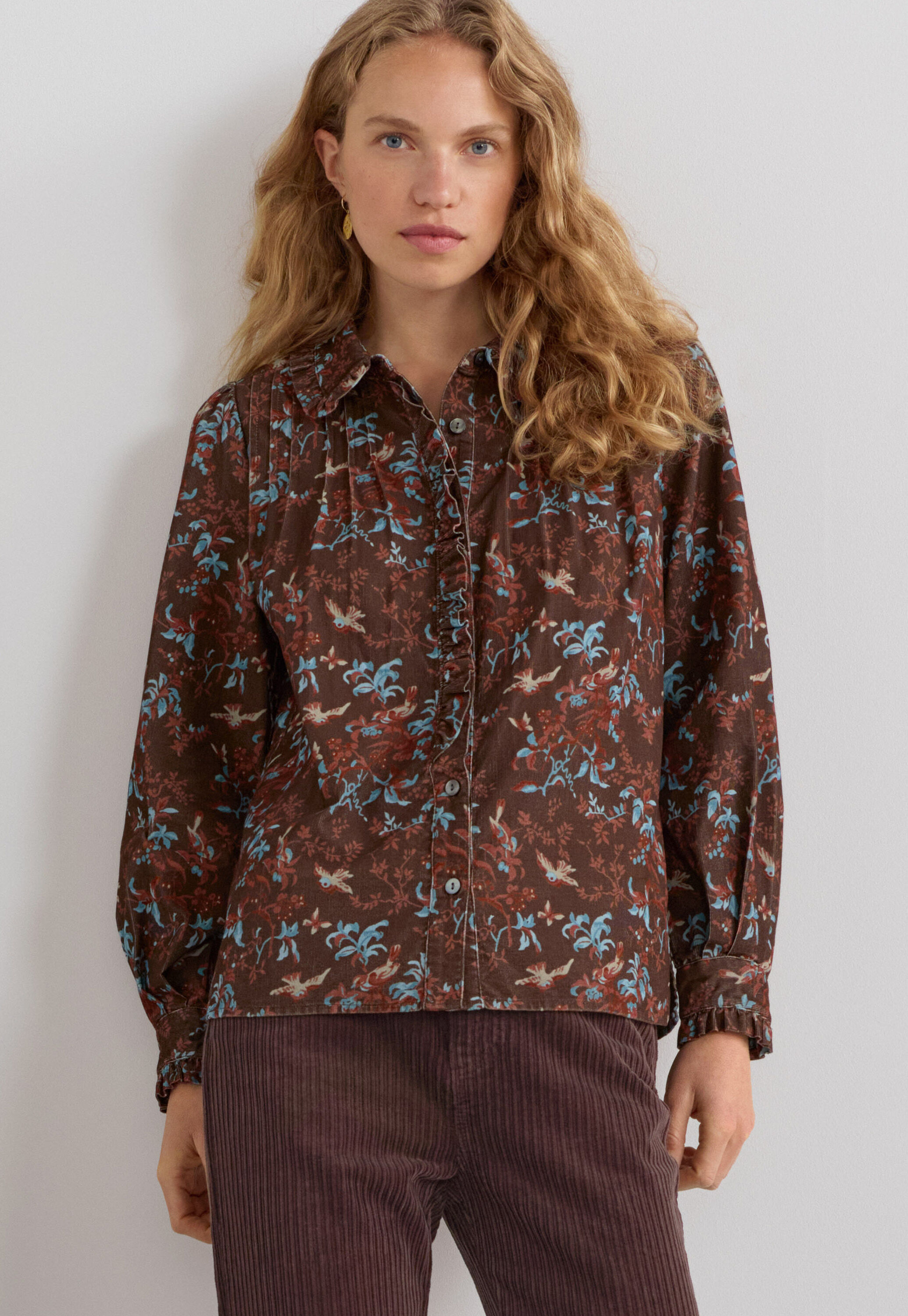 Printed pleated cord blouse, Raspberry espresso, large