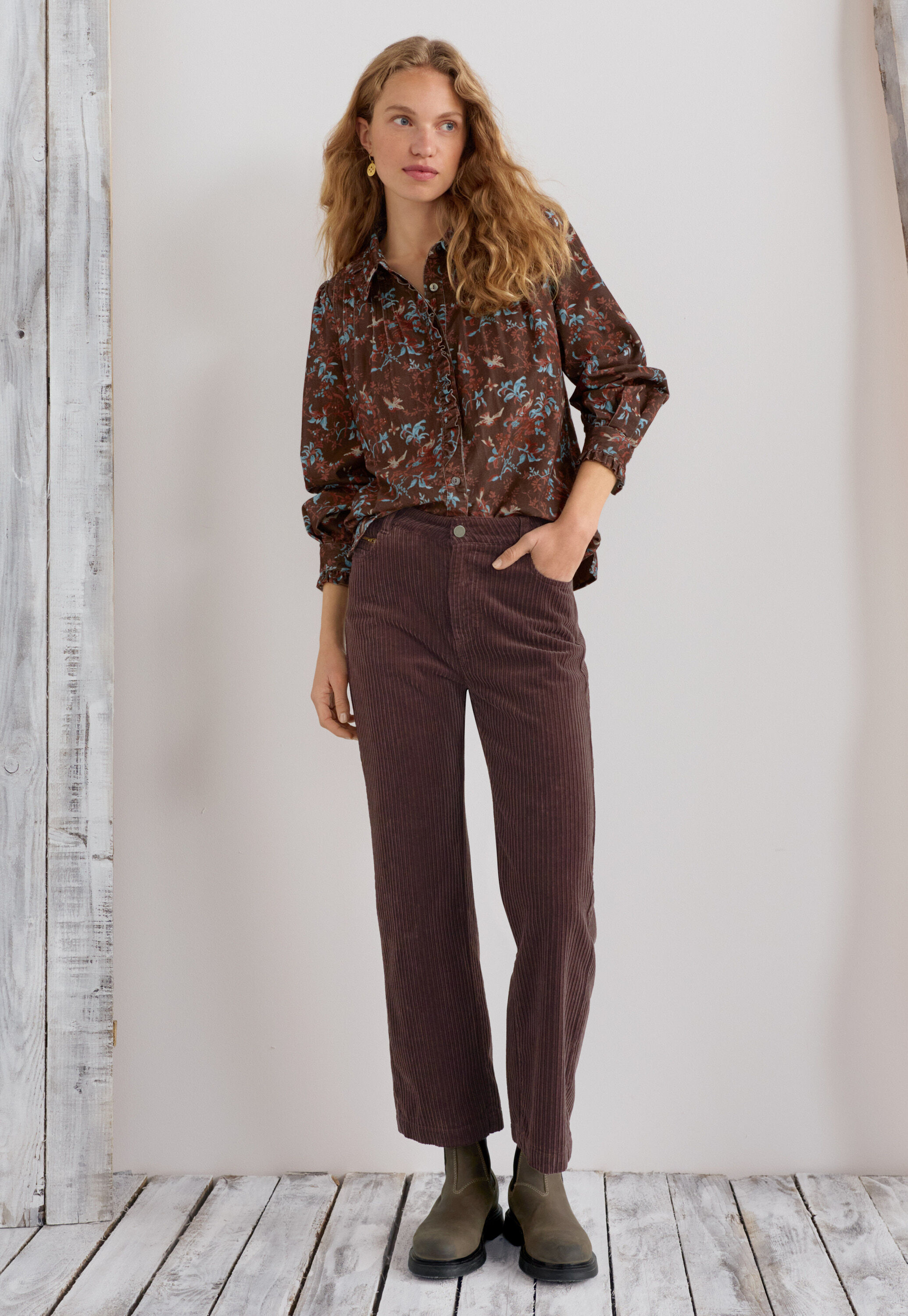 Printed pleated cord blouse, Raspberry espresso, large