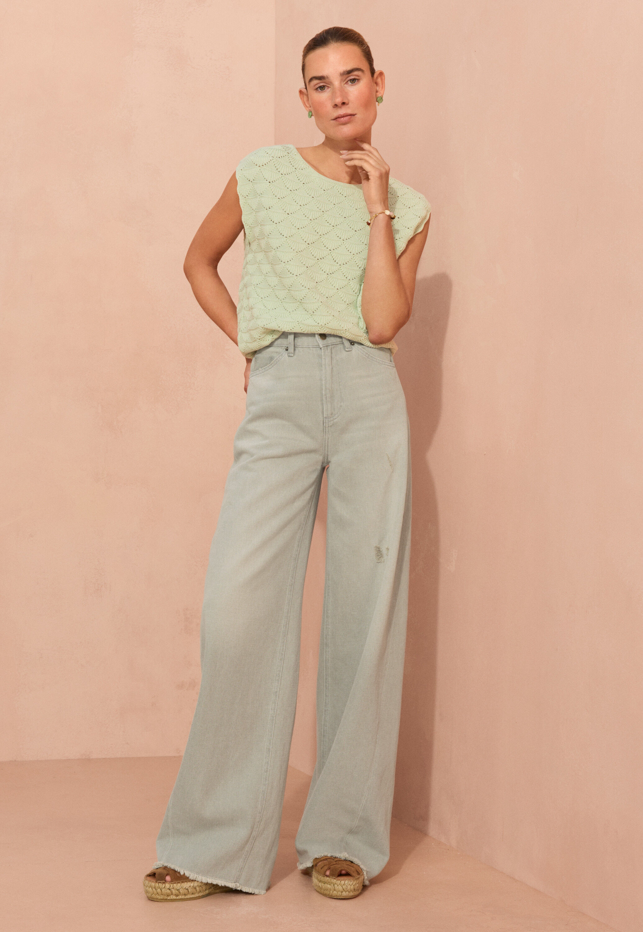 Stitch-detail sleeveless sweater, Pale mint, large