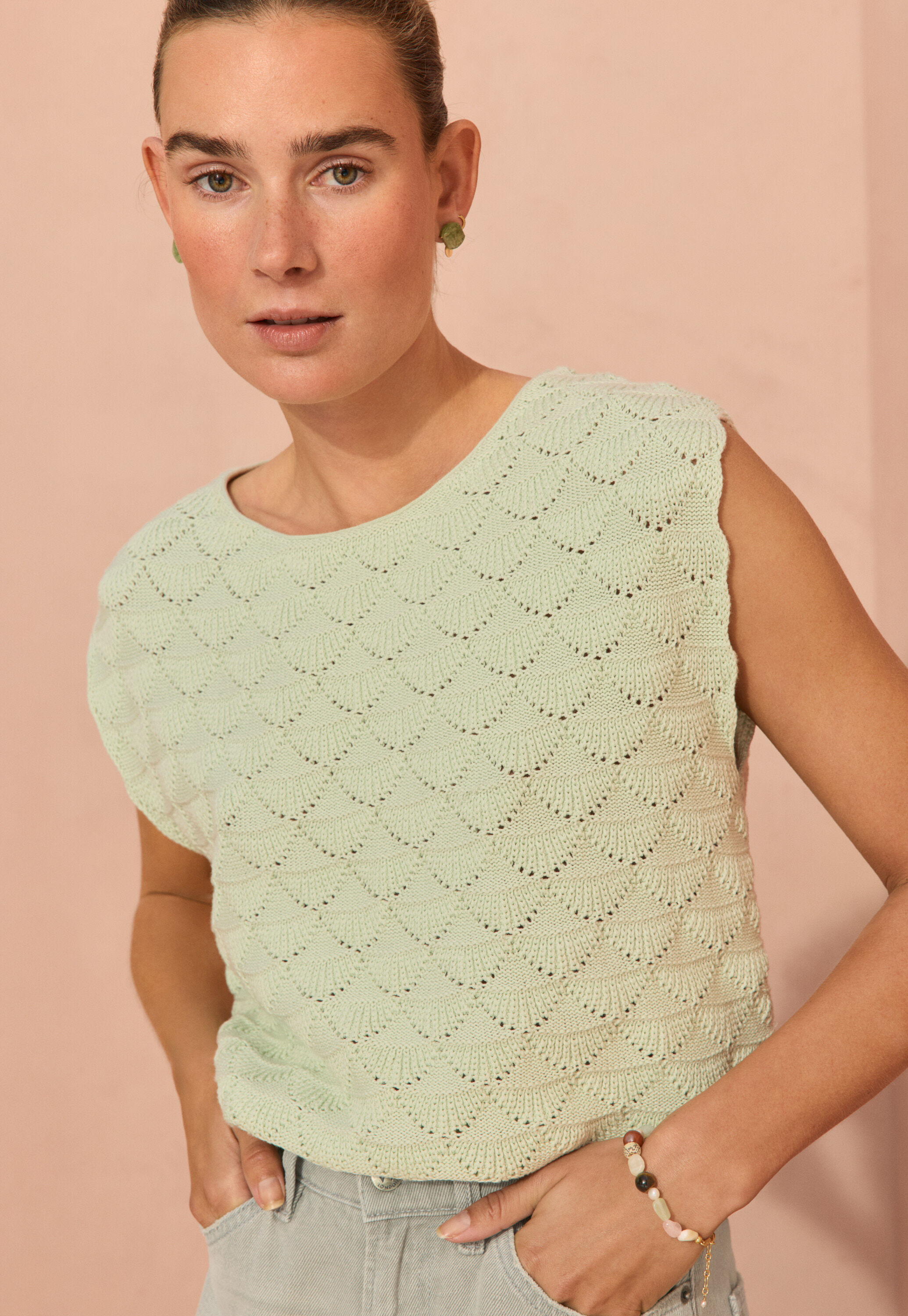 Stitch-detail sleeveless sweater, Pale mint, large