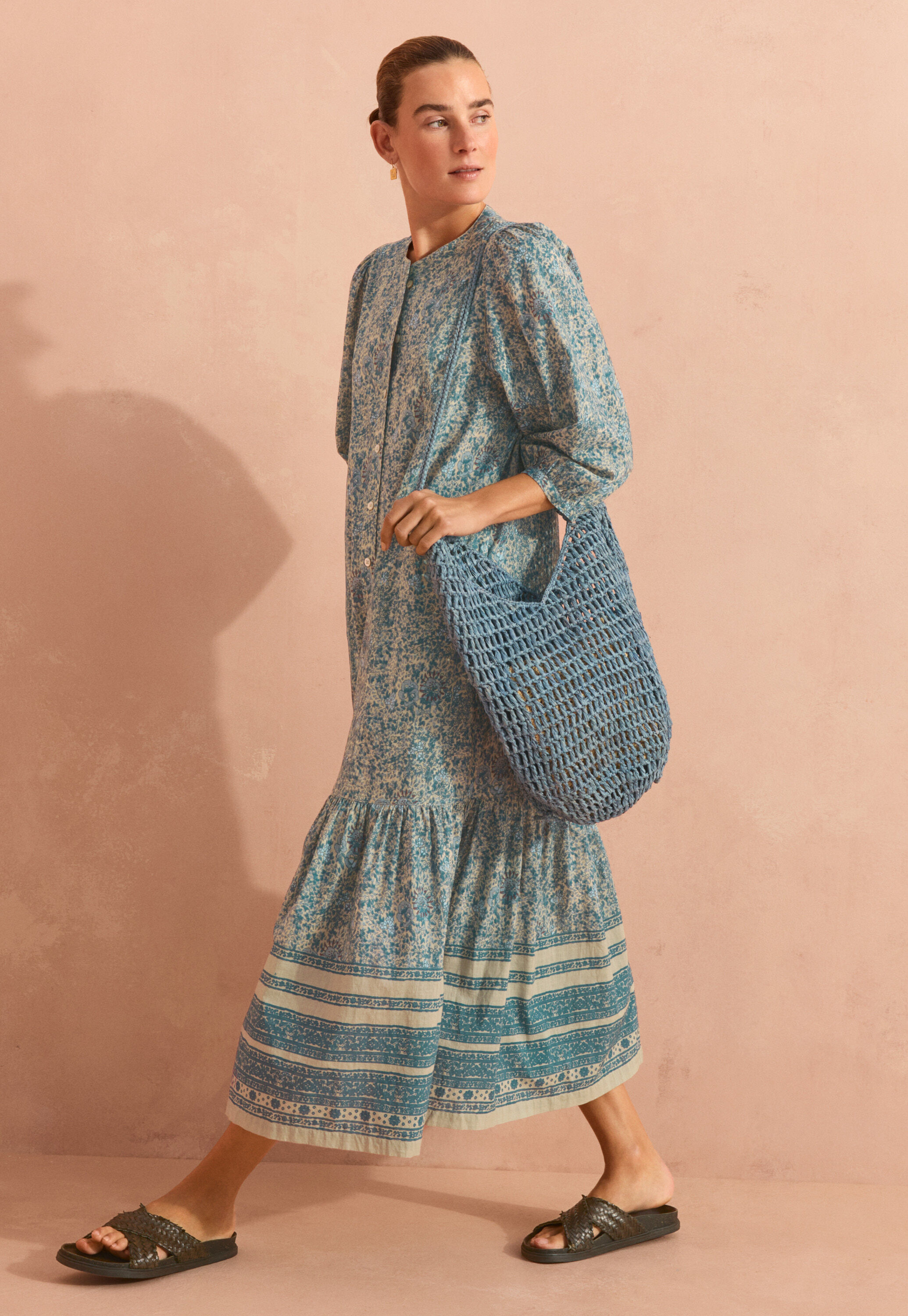 Boho border-placement dress, Blue stone, large